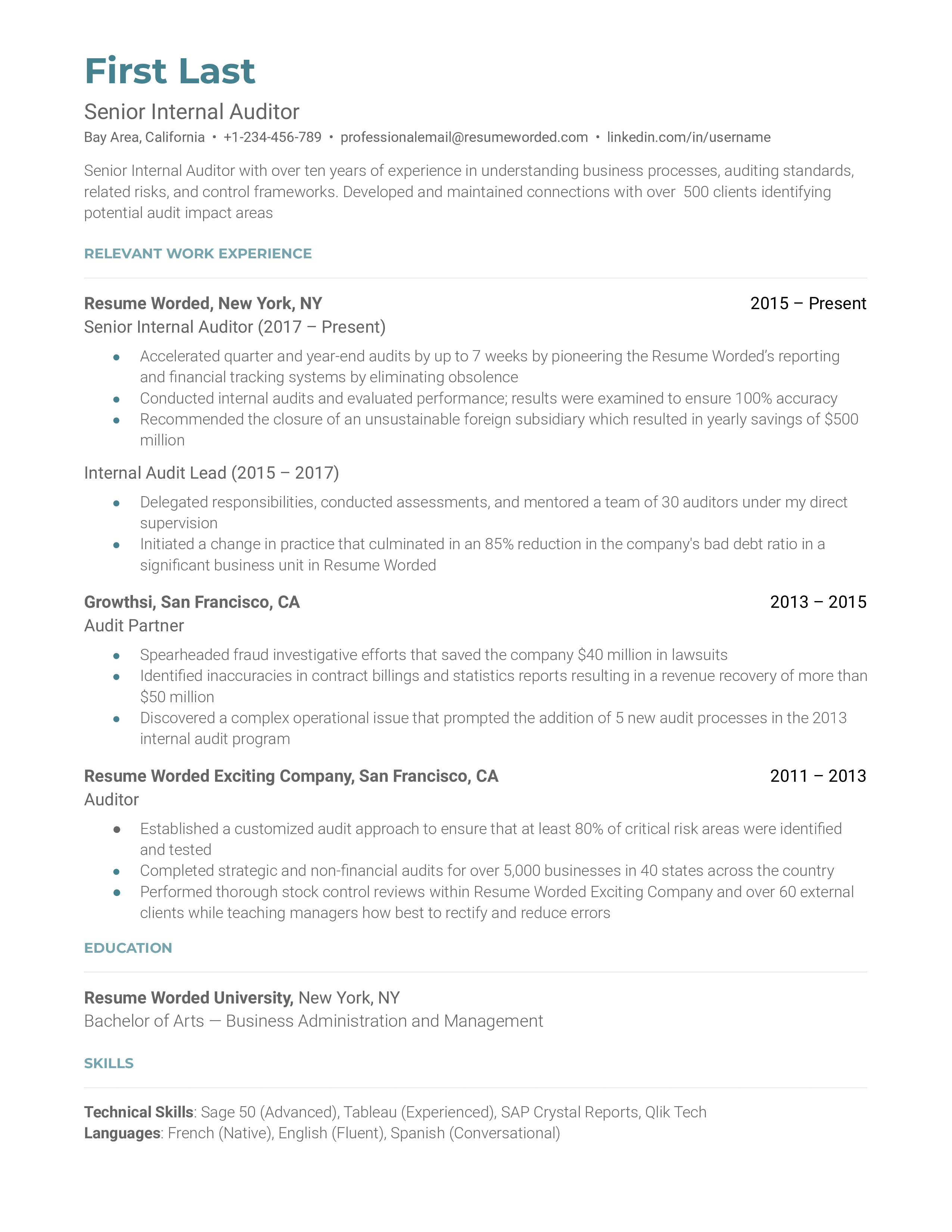 A Senior Internal Auditor's CV showcasing finance, IT, and data analysis skills.