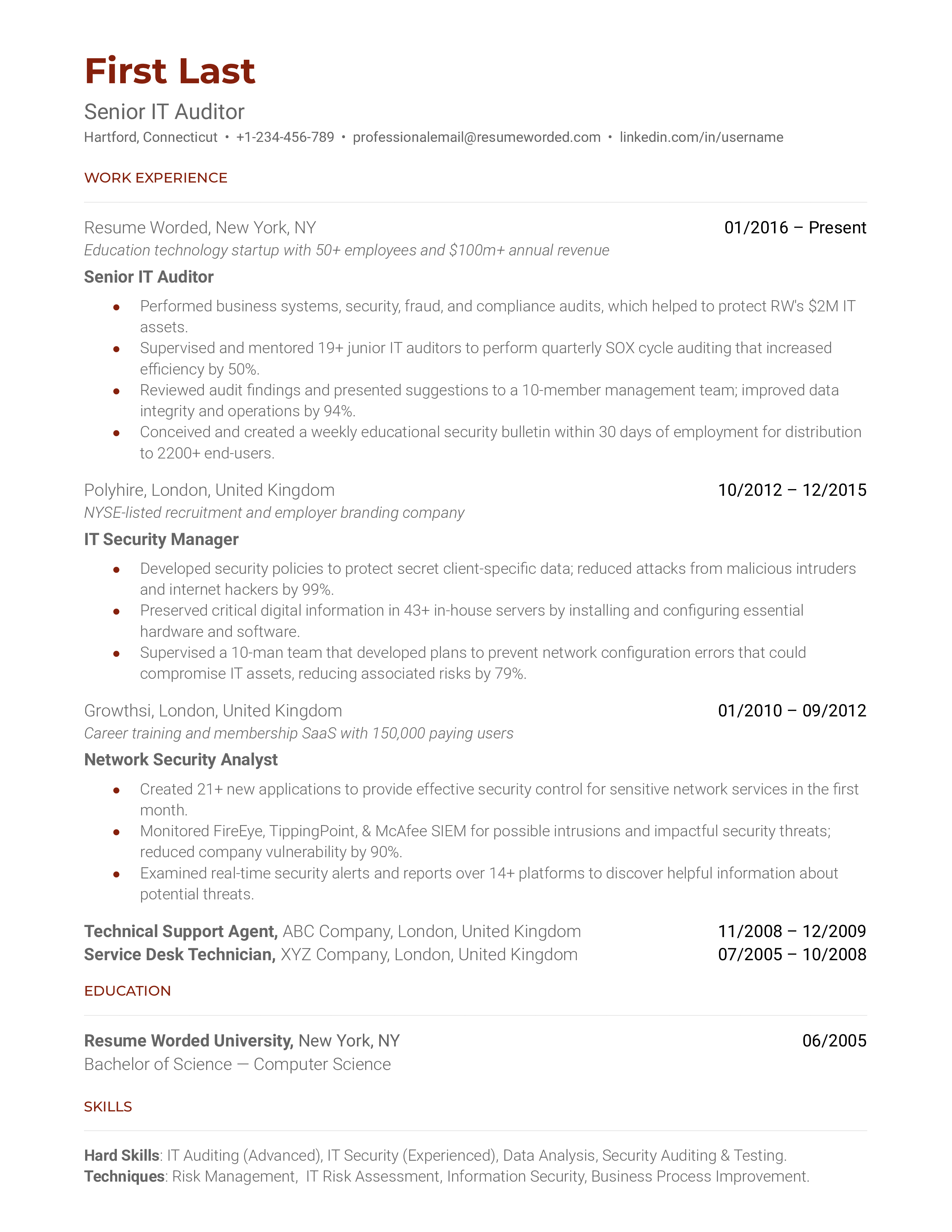 A senior IT auditor resume template that prioritizes relevant work experience.