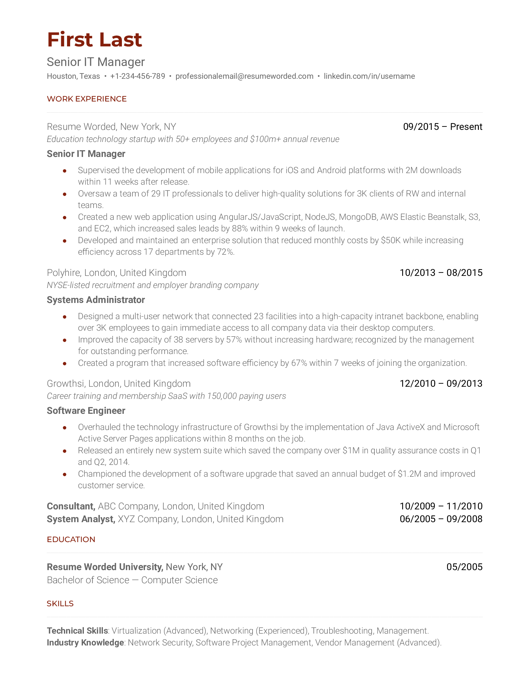 A well-structured CV for a Senior IT Manager role.