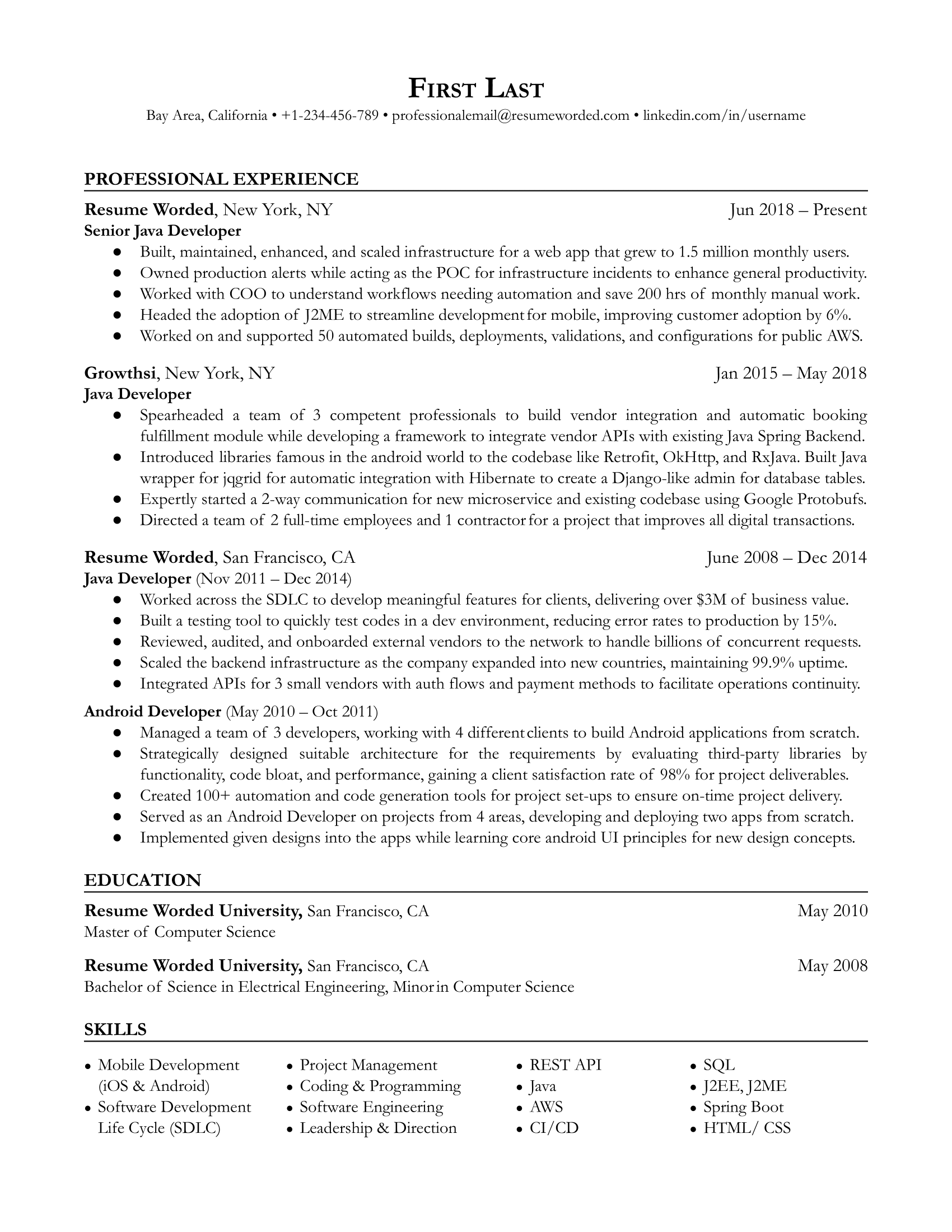 A resume for a senior java developer with a master's degree and experience as an android developer and Java developer.