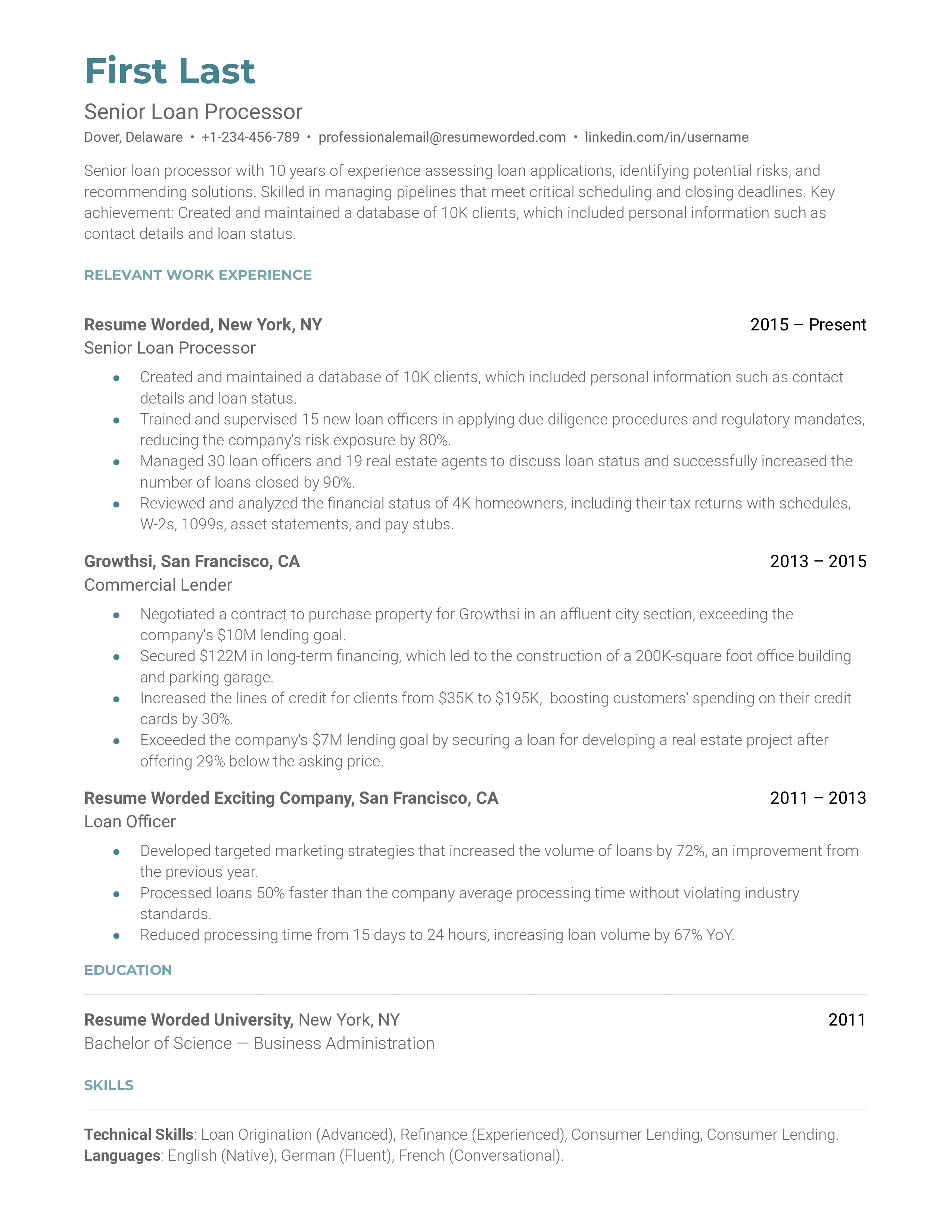 Senior Loan Processor Resume Sample