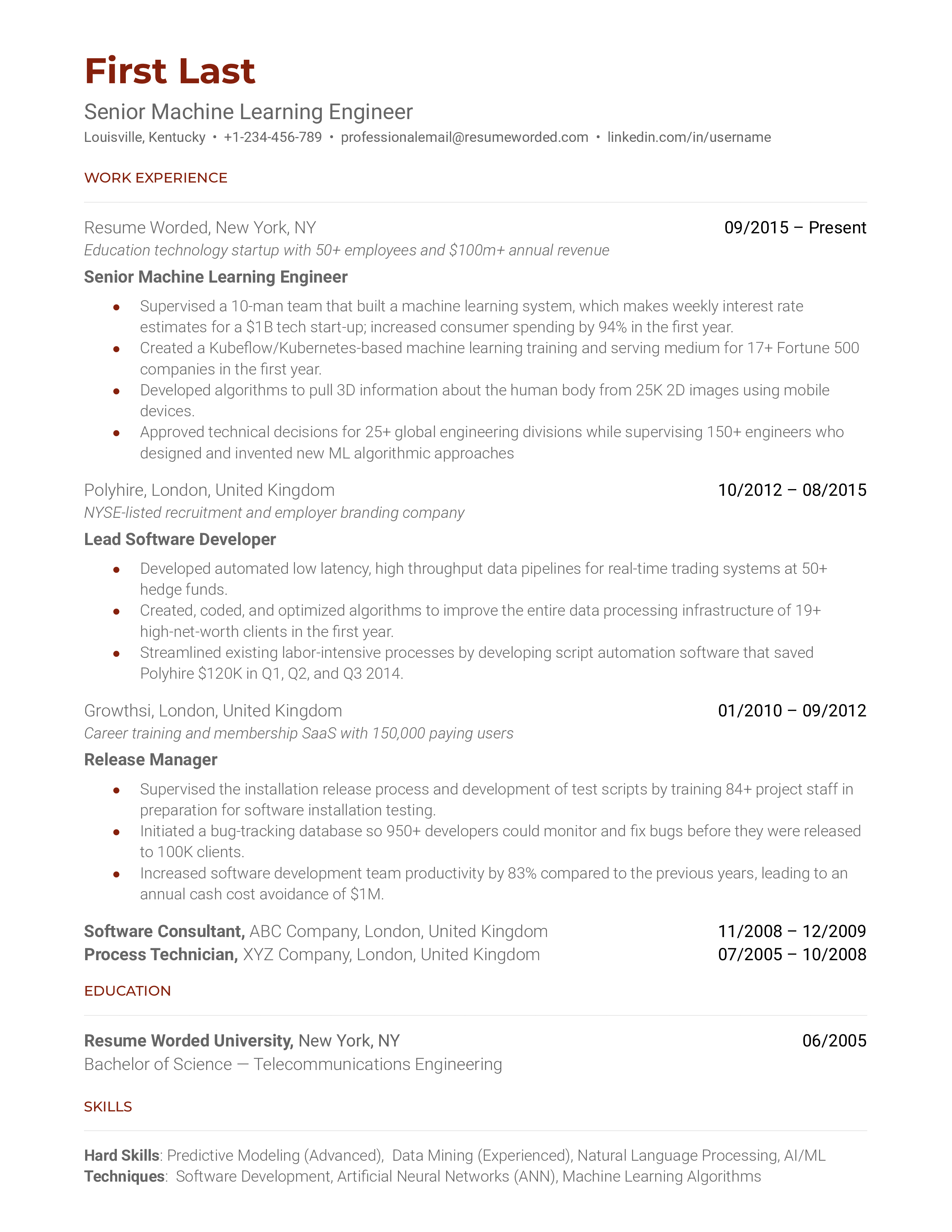 A clear and concise CV for a Senior Machine Learning Engineer role.