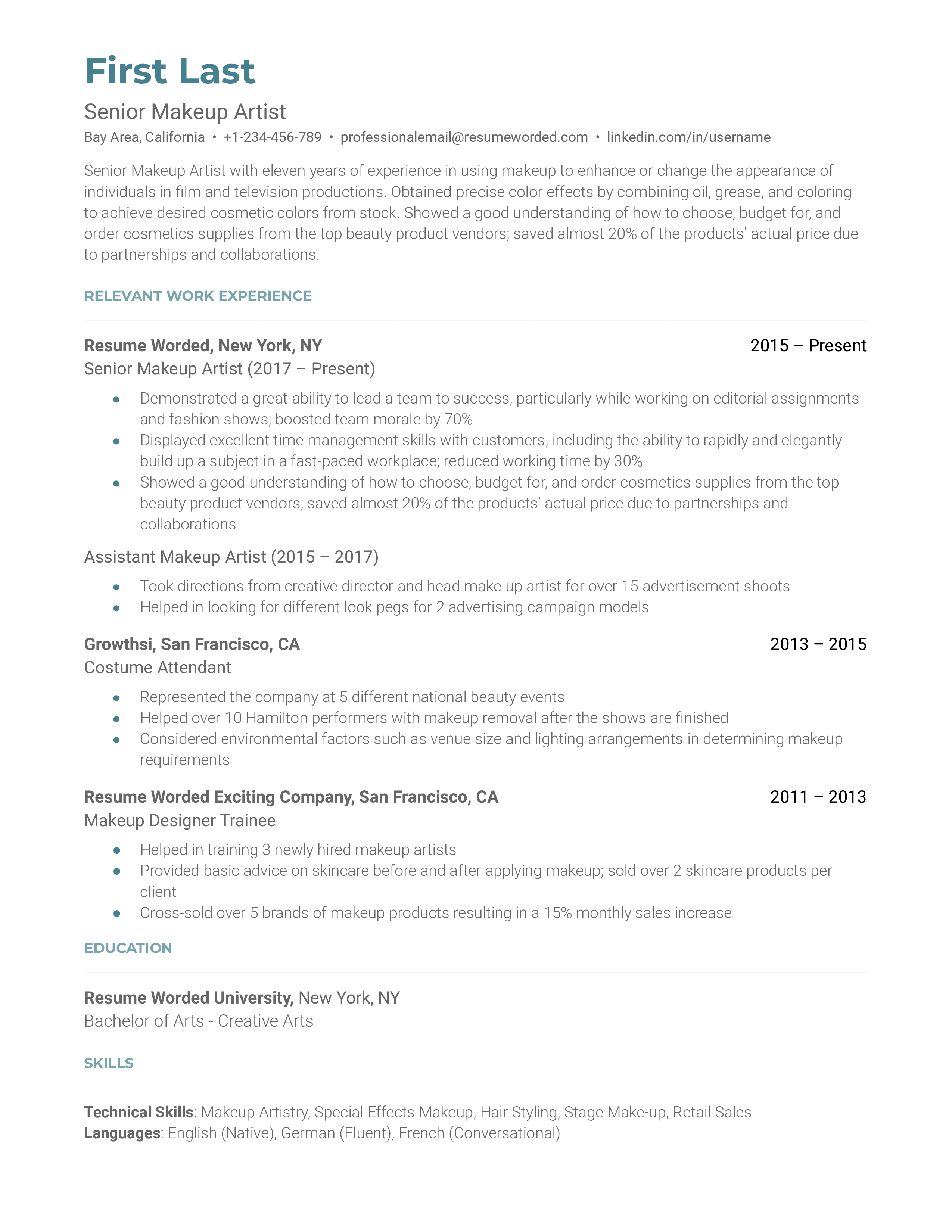 A well-structured CV detailing the qualifications and experience of a Senior Makeup Artist.