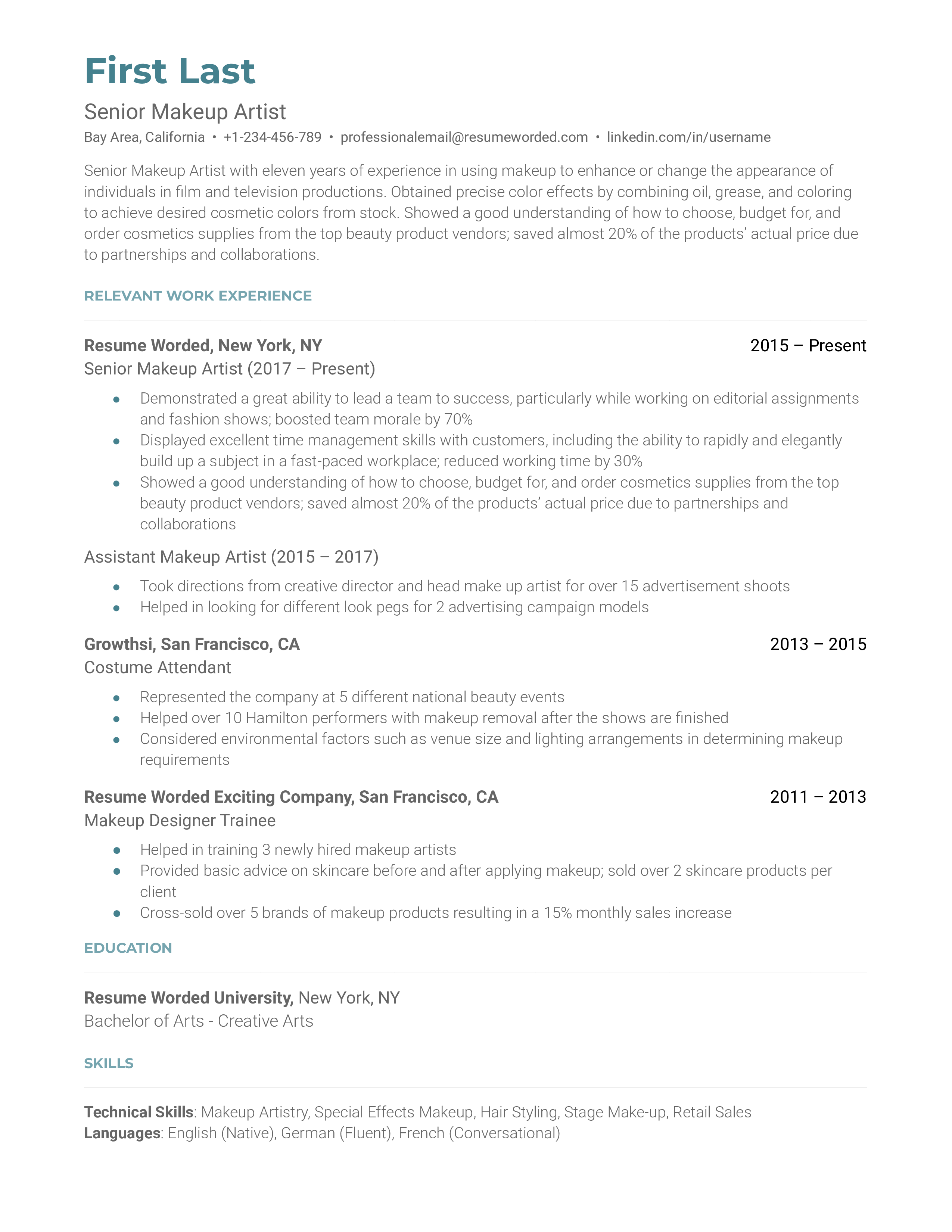 Senior Makeup Artist Resume Sample