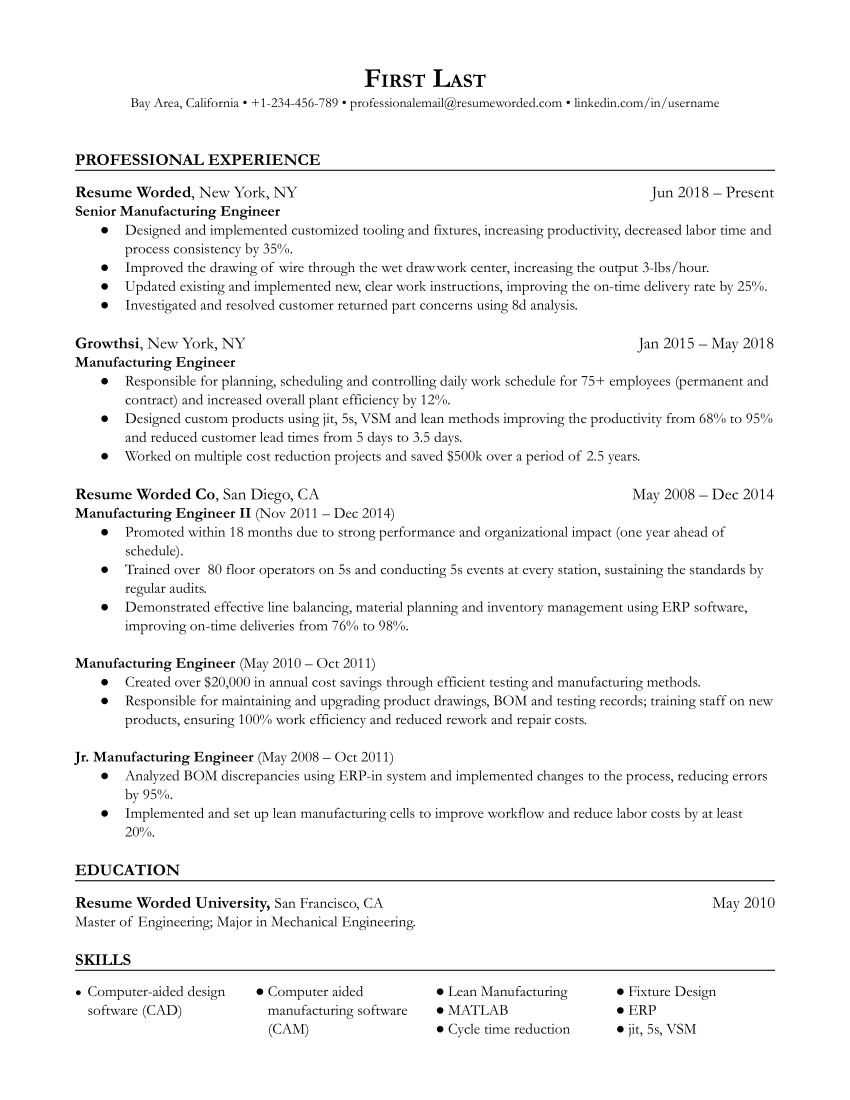 Entry Level Manufacturing Engineer Resume Examples for 2024 | Resume Worded