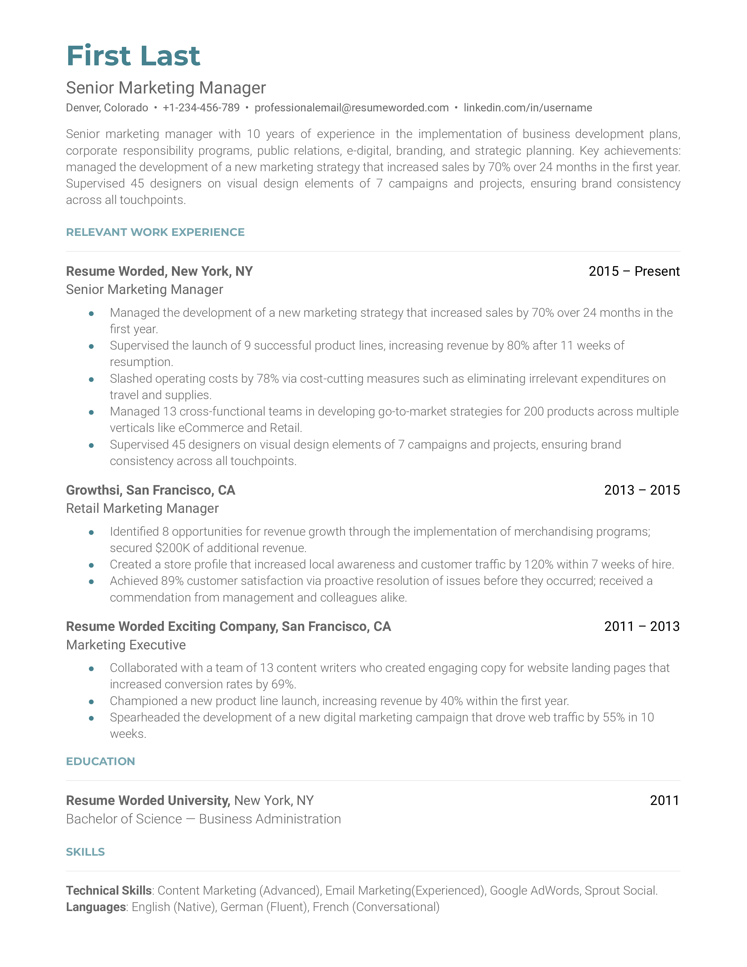 A senior marketing manager resume sample that highlights the applicant’s career growth and technical marketing skills.