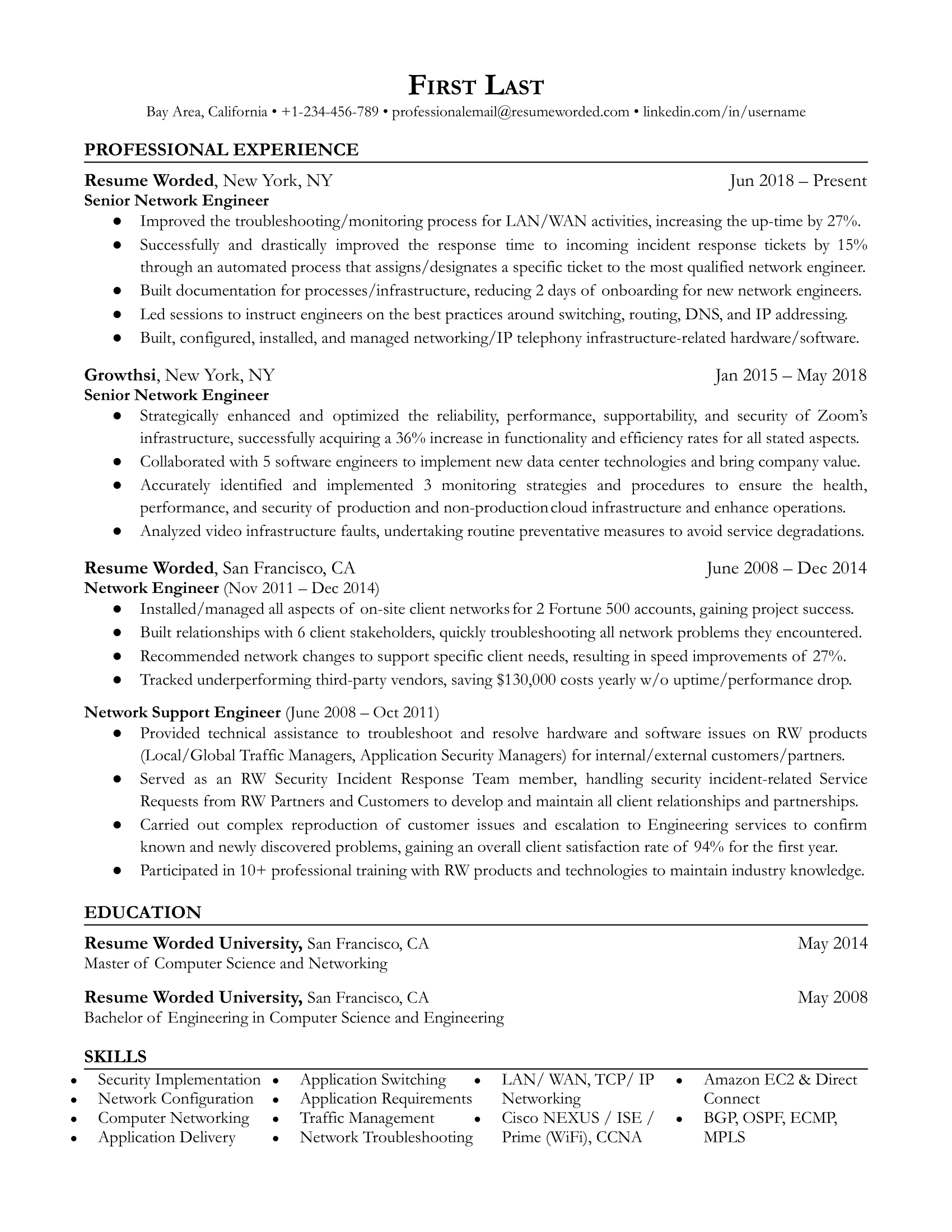 Senior network engineer resume with past promotions and effective action verbs