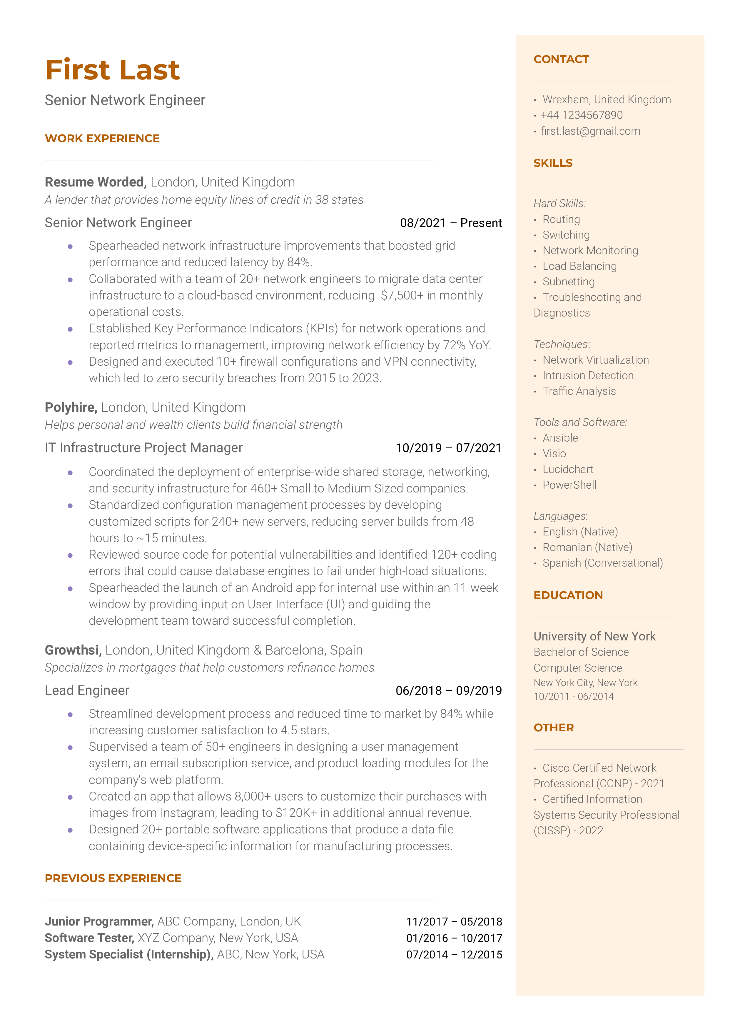 An example of a Senior Network Engineer's resume showcasing certifications and project management skills.