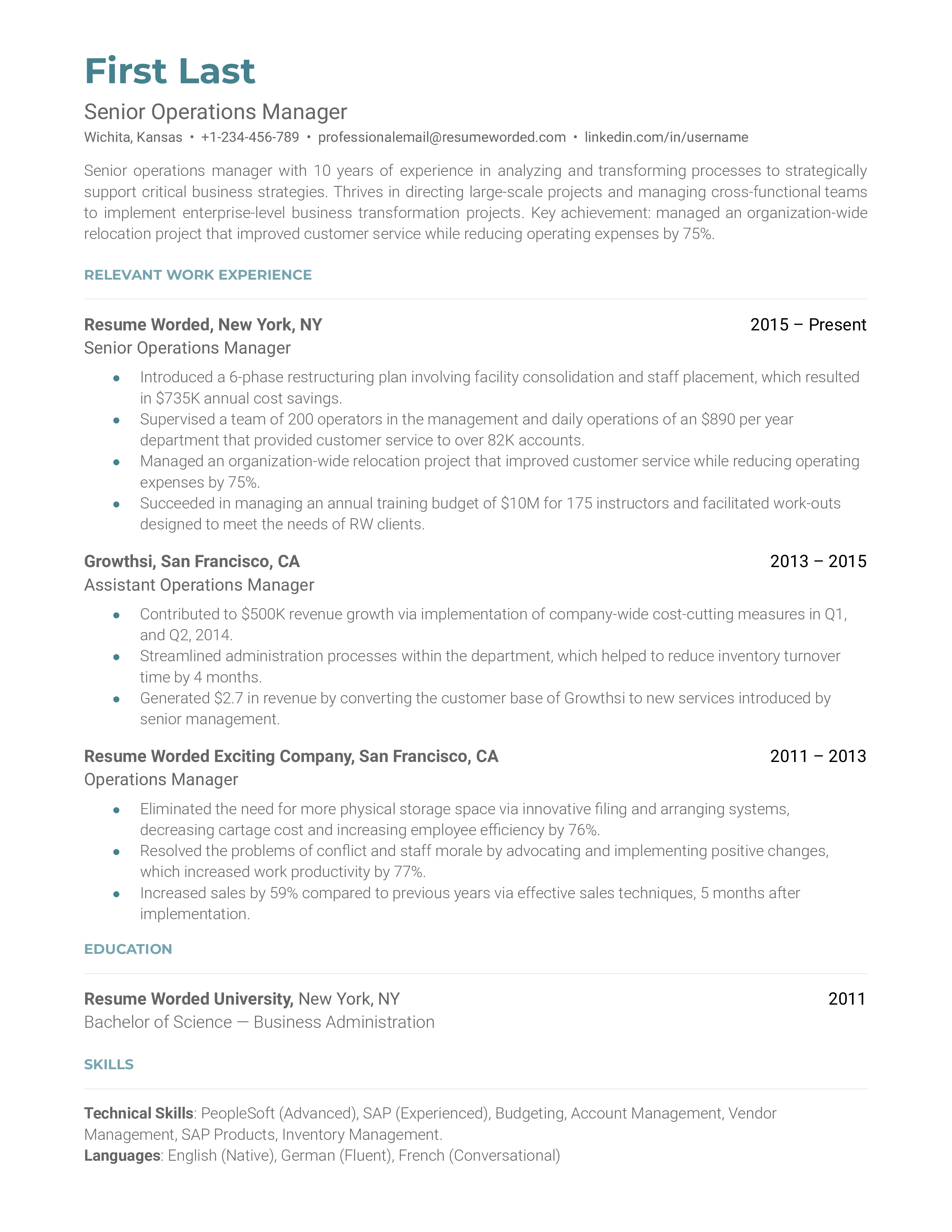 A senior operations manager resume sample highlighting the applicant’s career progression and project management.