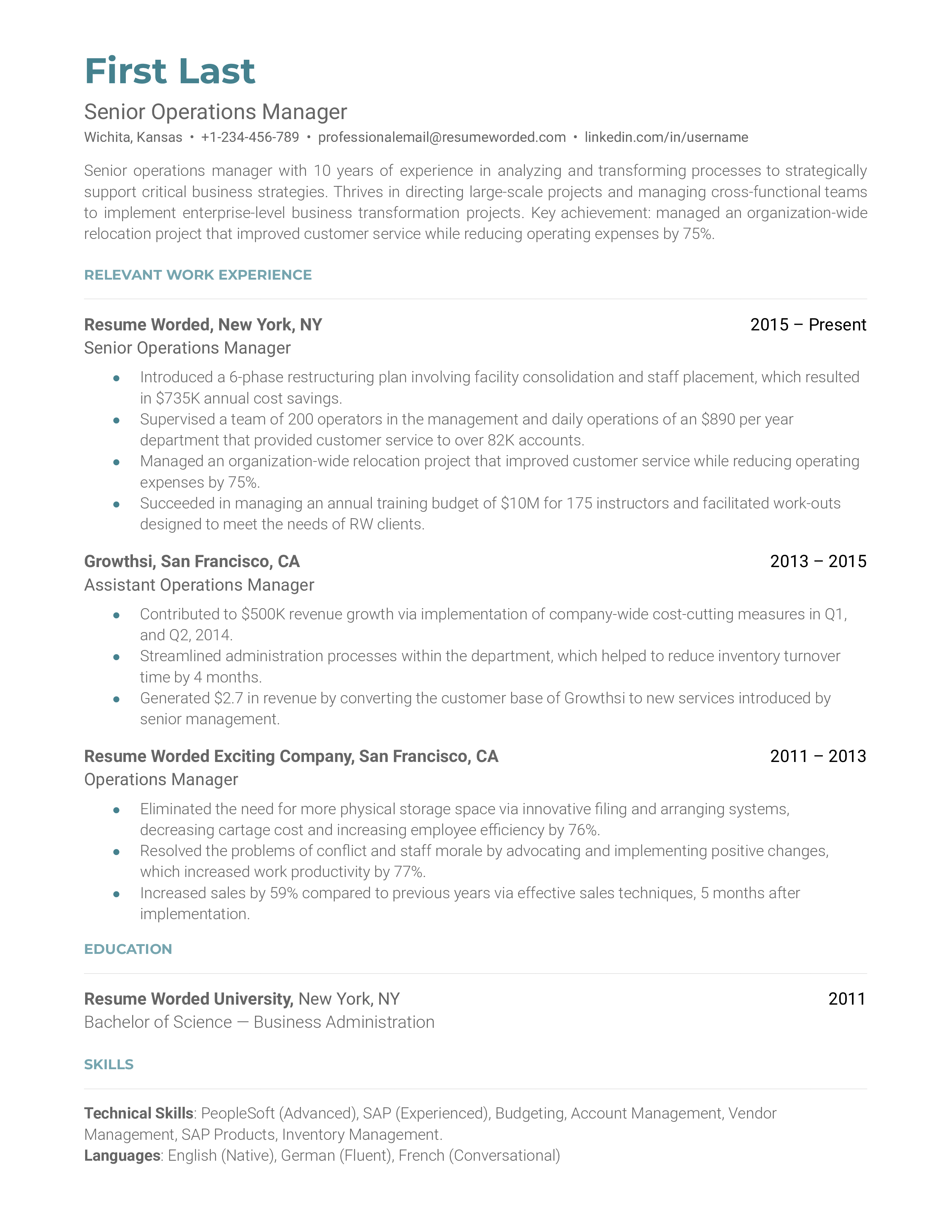 professional summary for resume operations manager