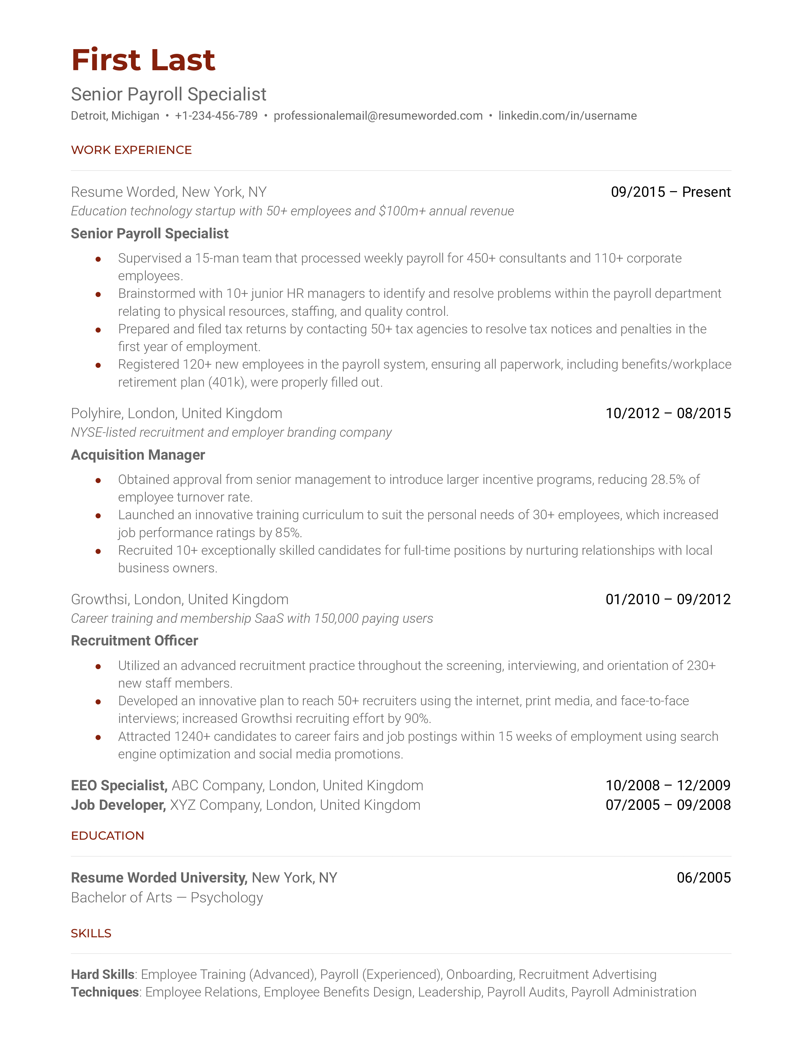 Senior Payroll Specialist Resume Sample