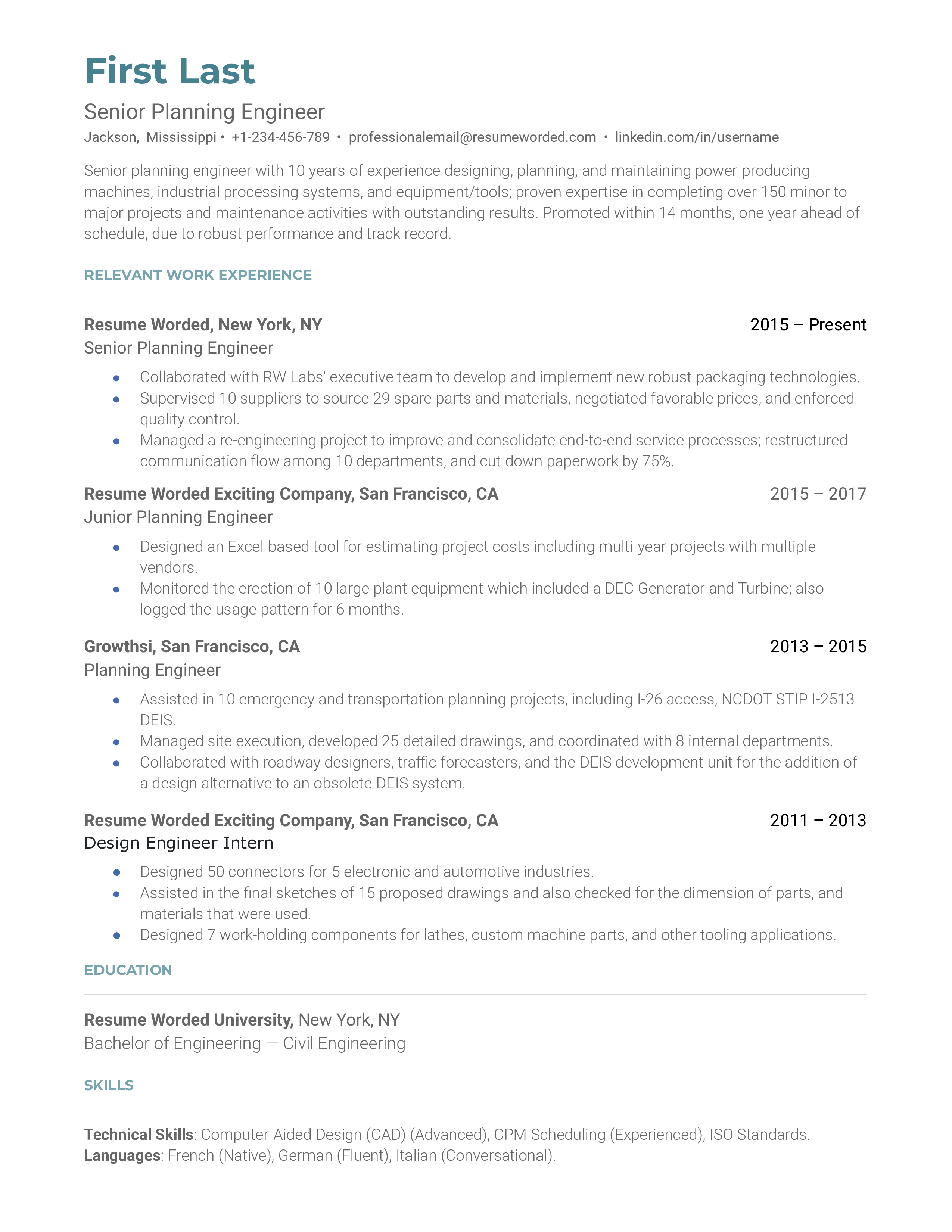 A senior planning engineer resume example that includes brief contact information, a professional description, and work history