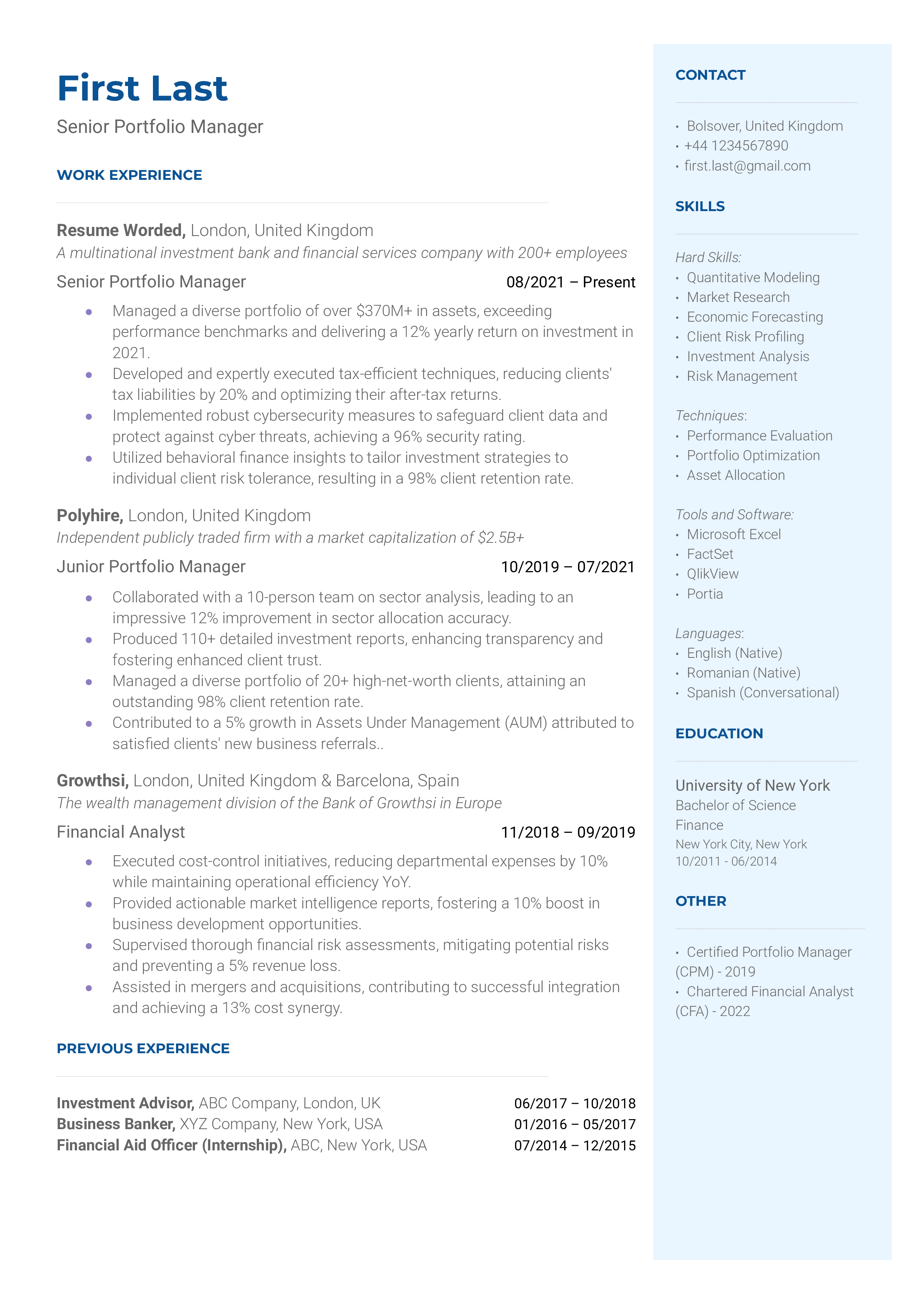 A resume for a Senior Portfolio Manager demonstrating strategic insights and leadership capabilities.