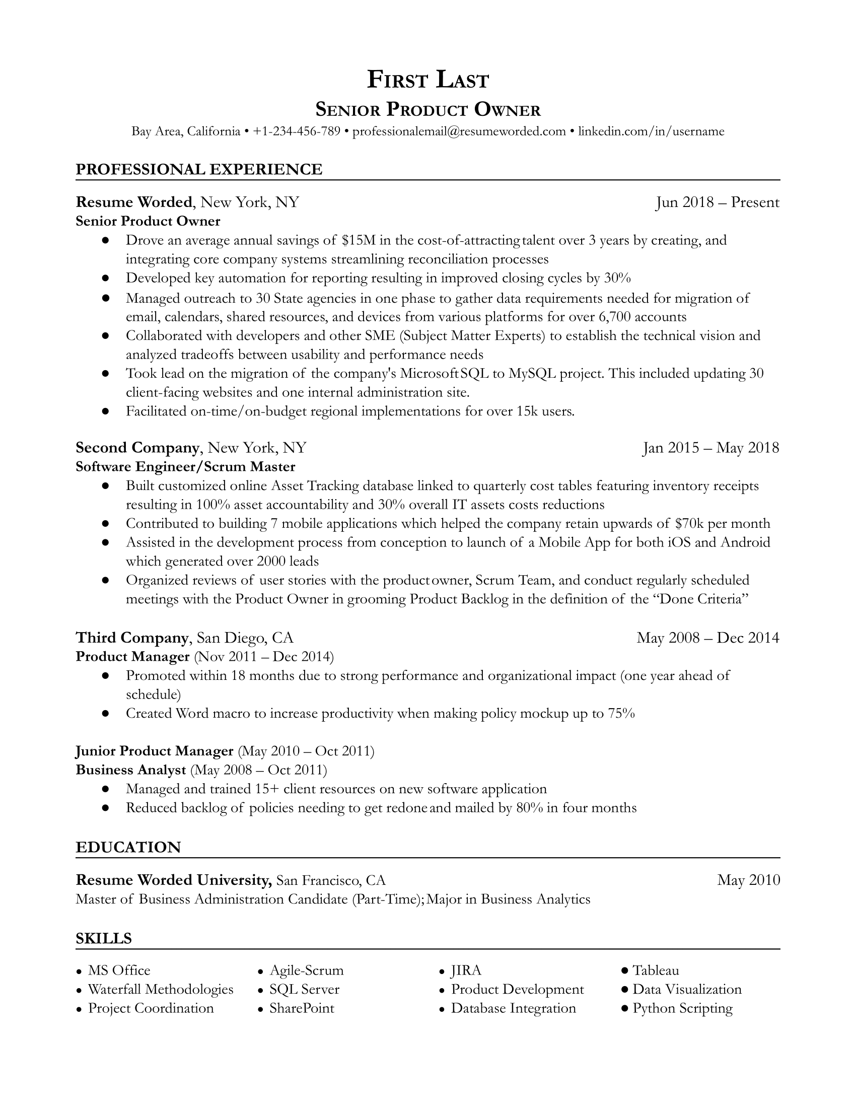 Senior product owner resume template example showing career growth and transferable leadership skills