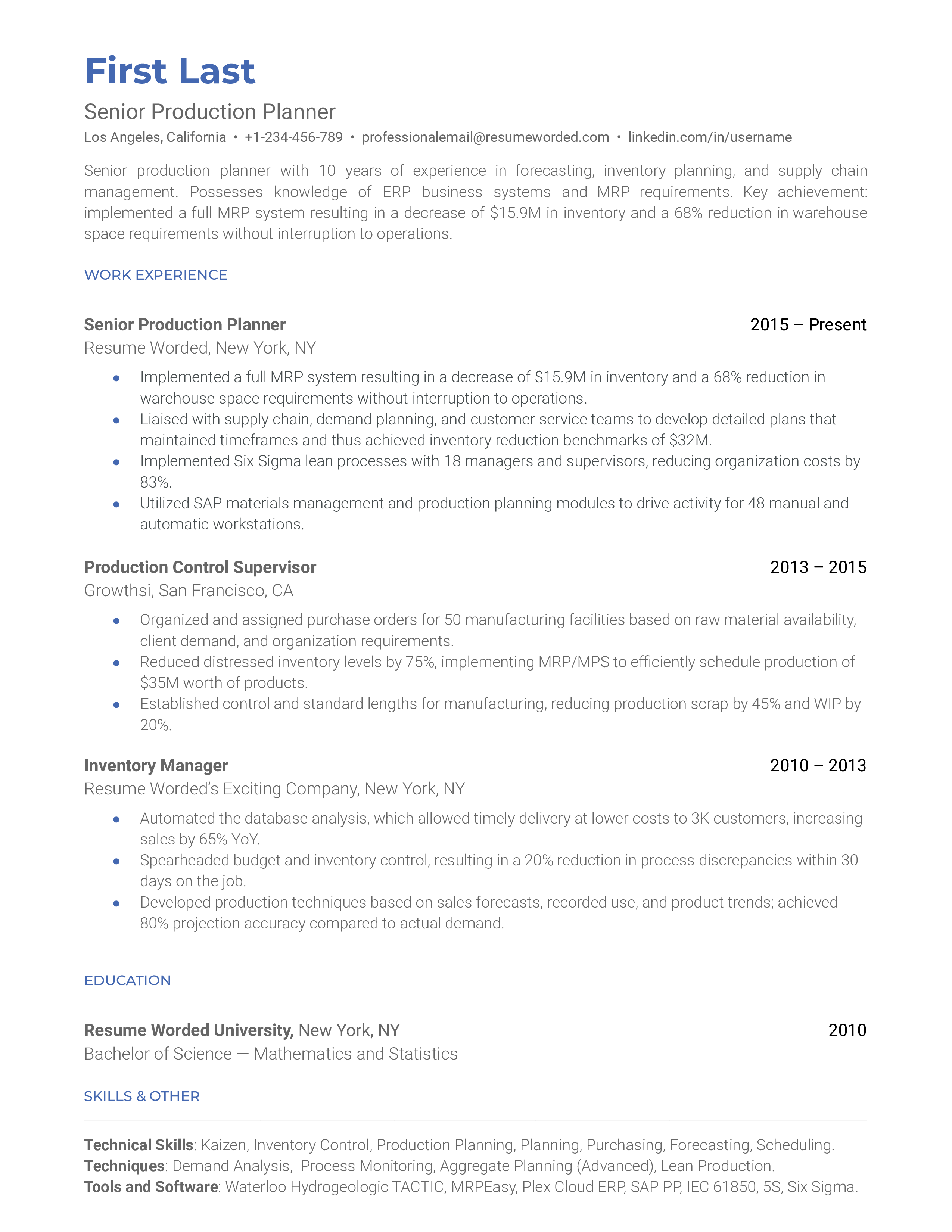 Senior Production Planner's CV showcasing experience and proficiency in production planning software.