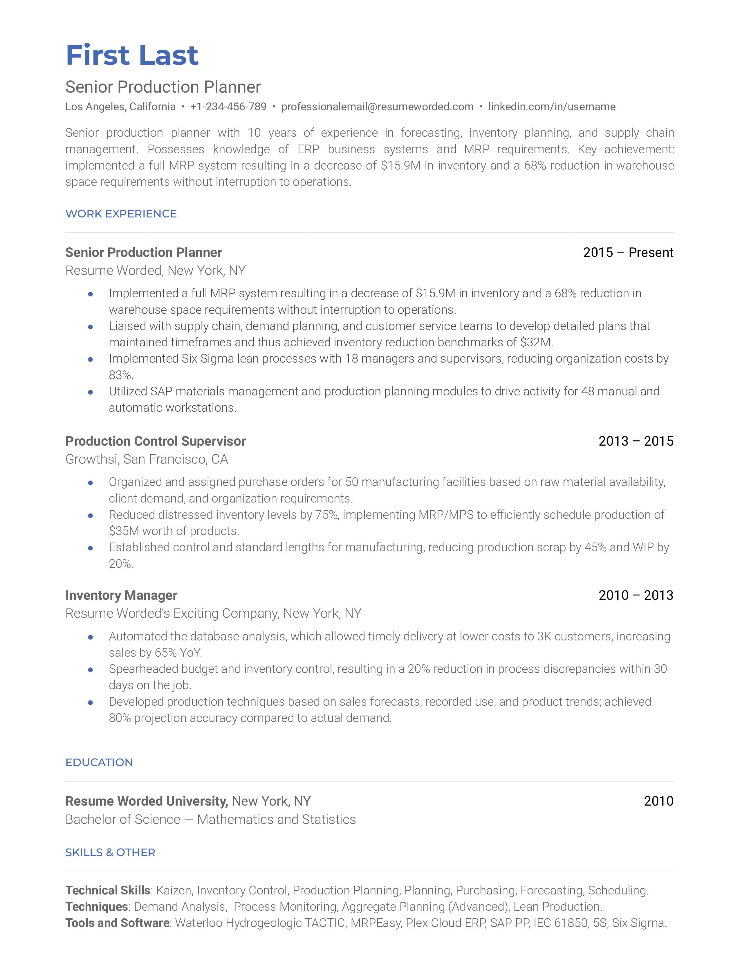 Senior Production Planner Resume Sample