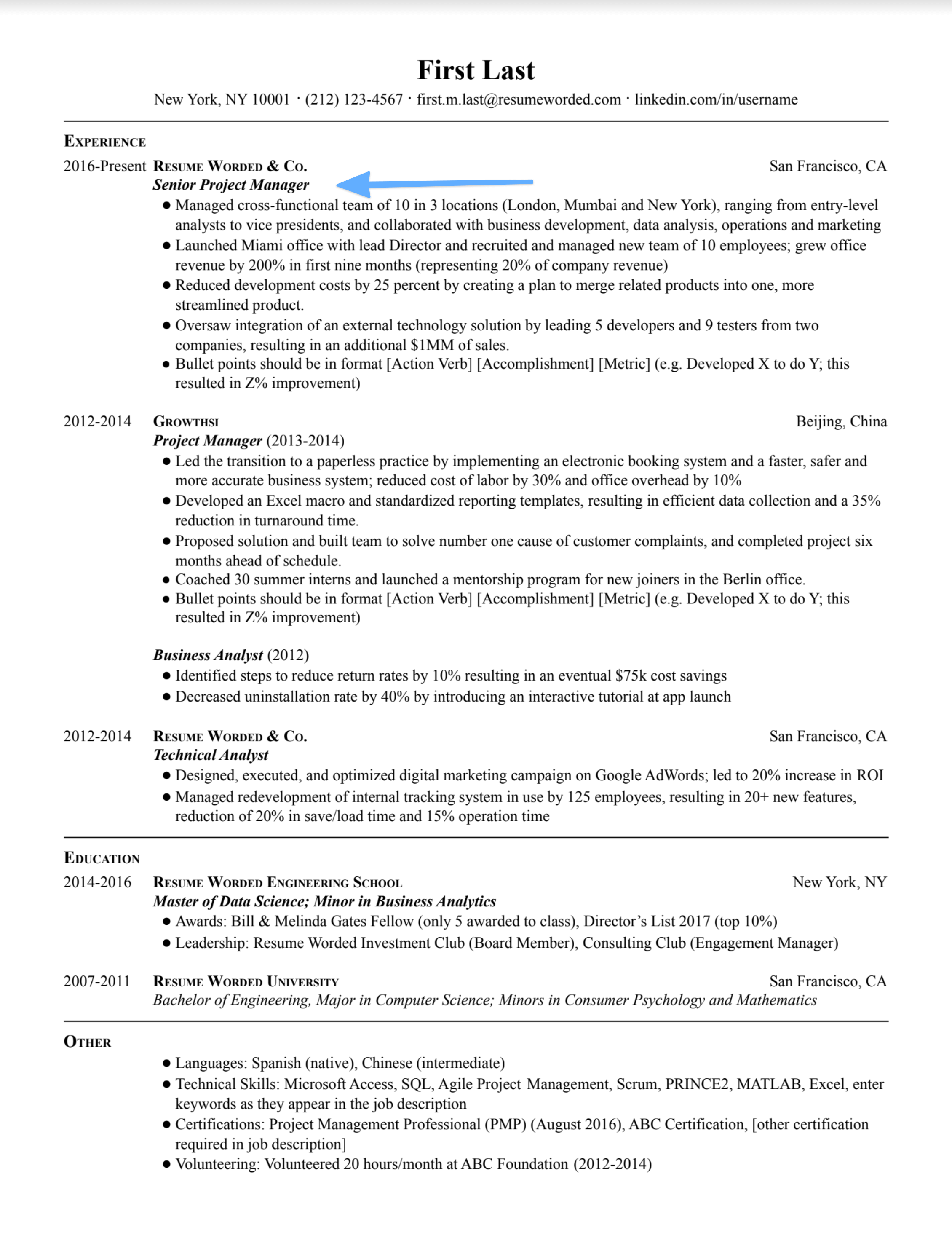 Senior project manager resume showing work experience, promotions, and accomplishments