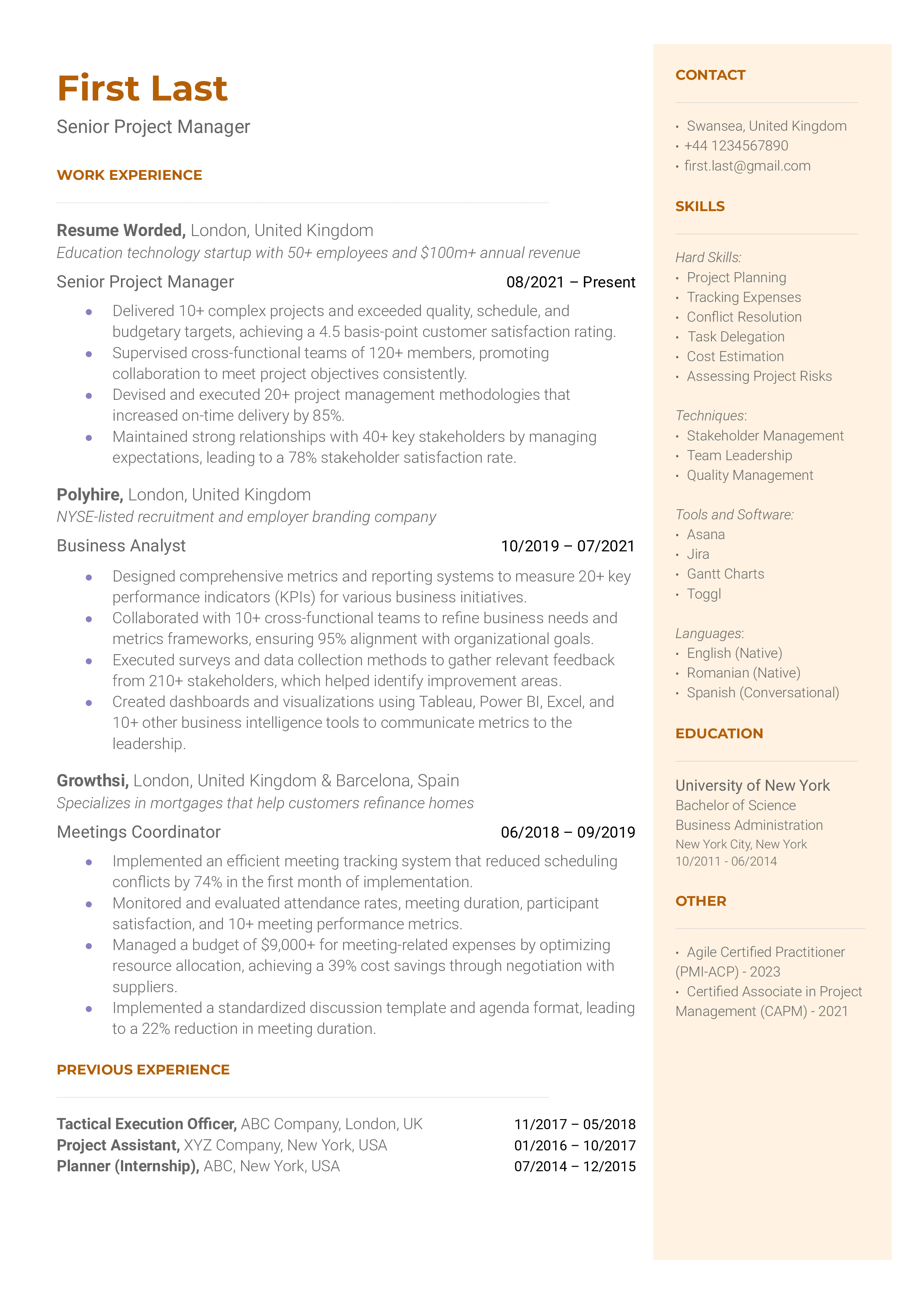 A CV screenshot showcasing leadership experience and project management skills for a Senior Project Manager role.