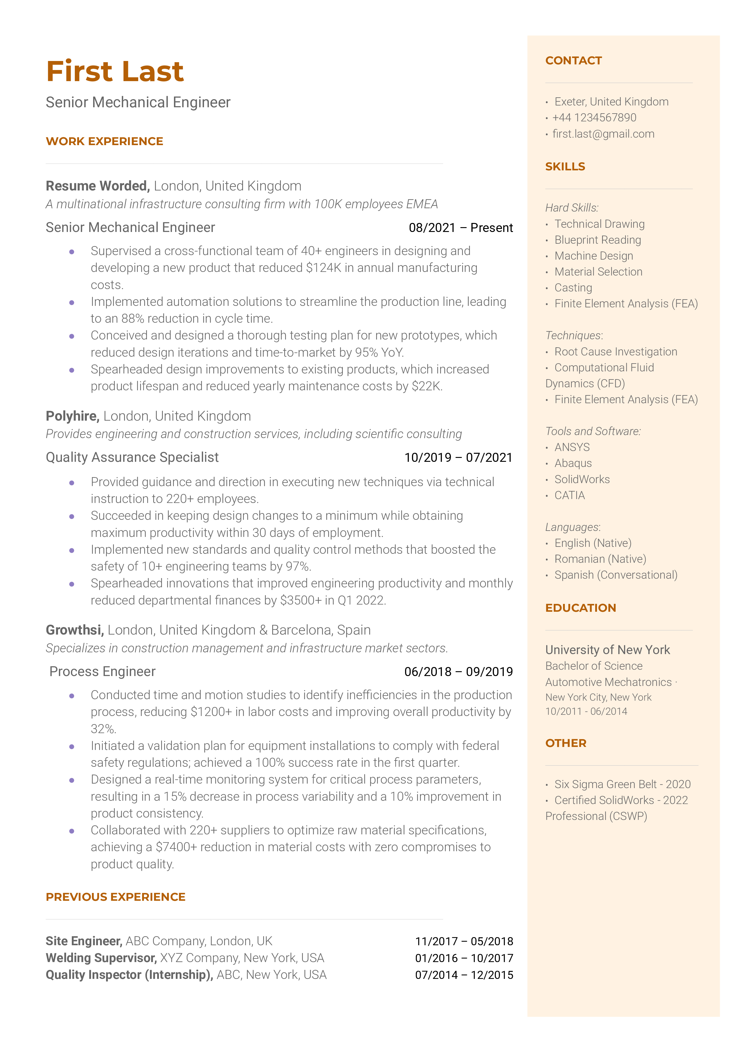 A CV showcasing project management and Python libraries expertise.