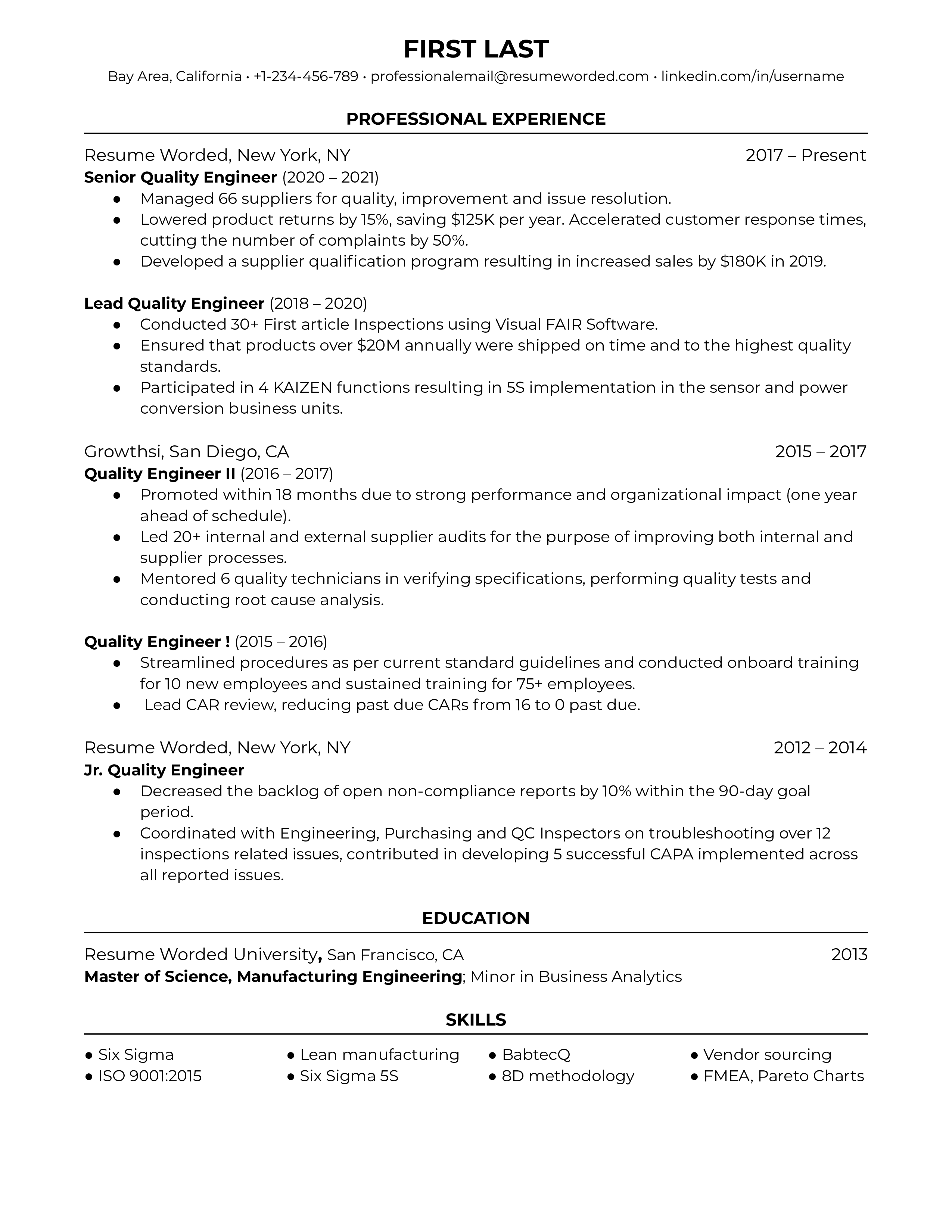 Senior Quality Engineer CV demonstrating expertise in quality systems and regulatory compliance.