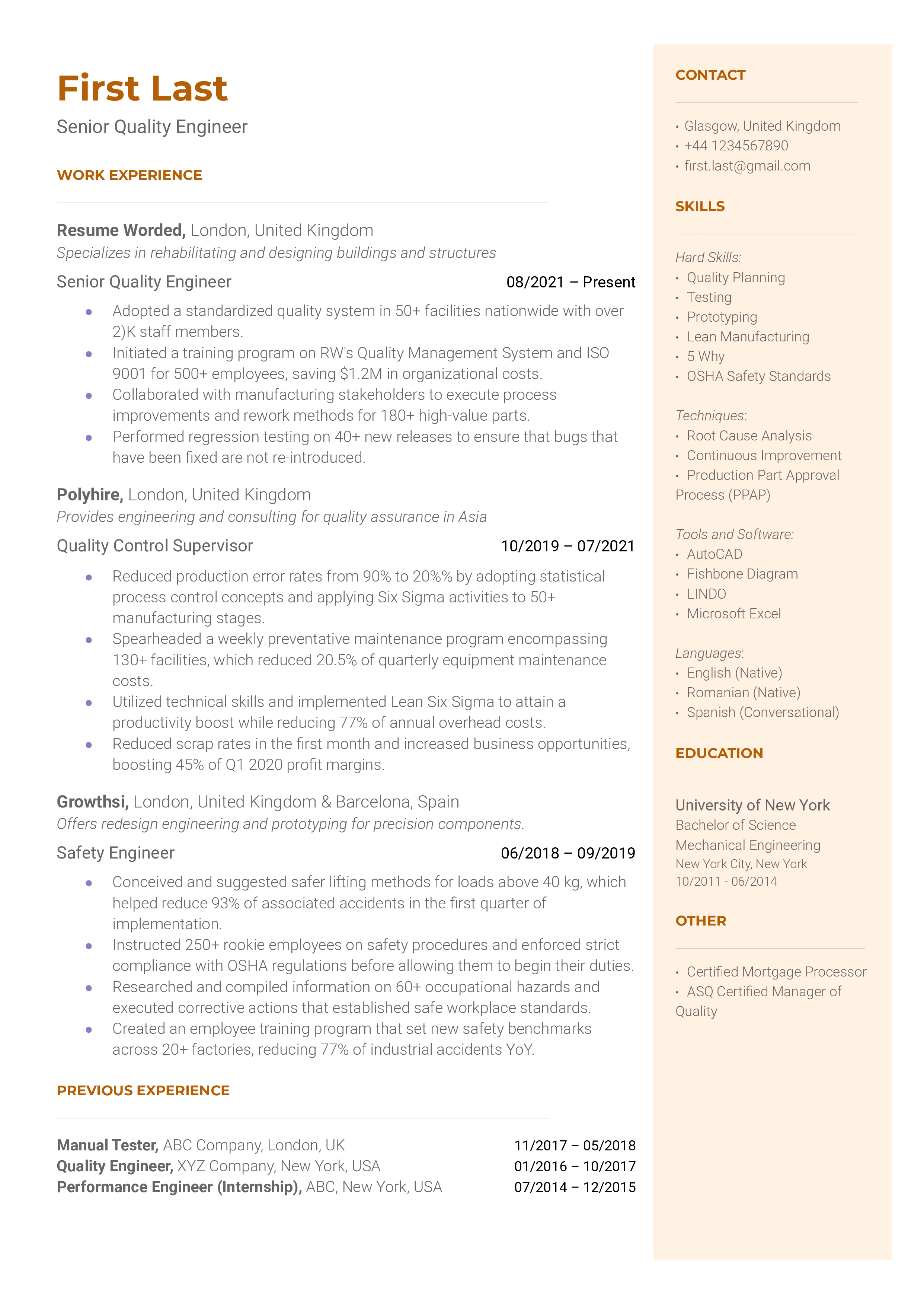 A resume for a senior quality engineer with a master's degree in engineering and previous experience as a junior quality engineer.