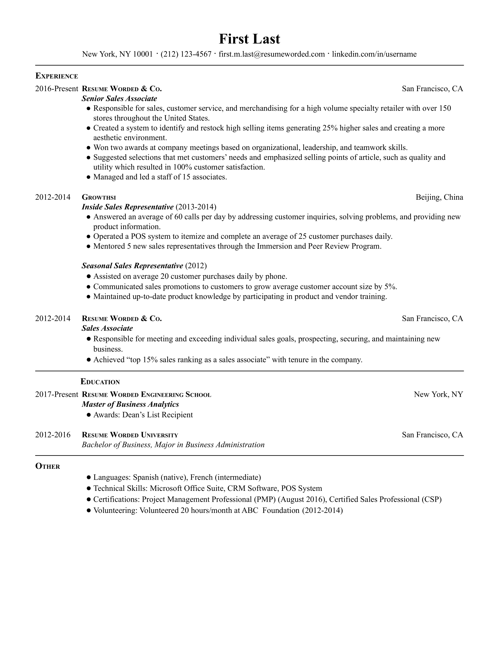 Senior Sales Associate Resume Sample