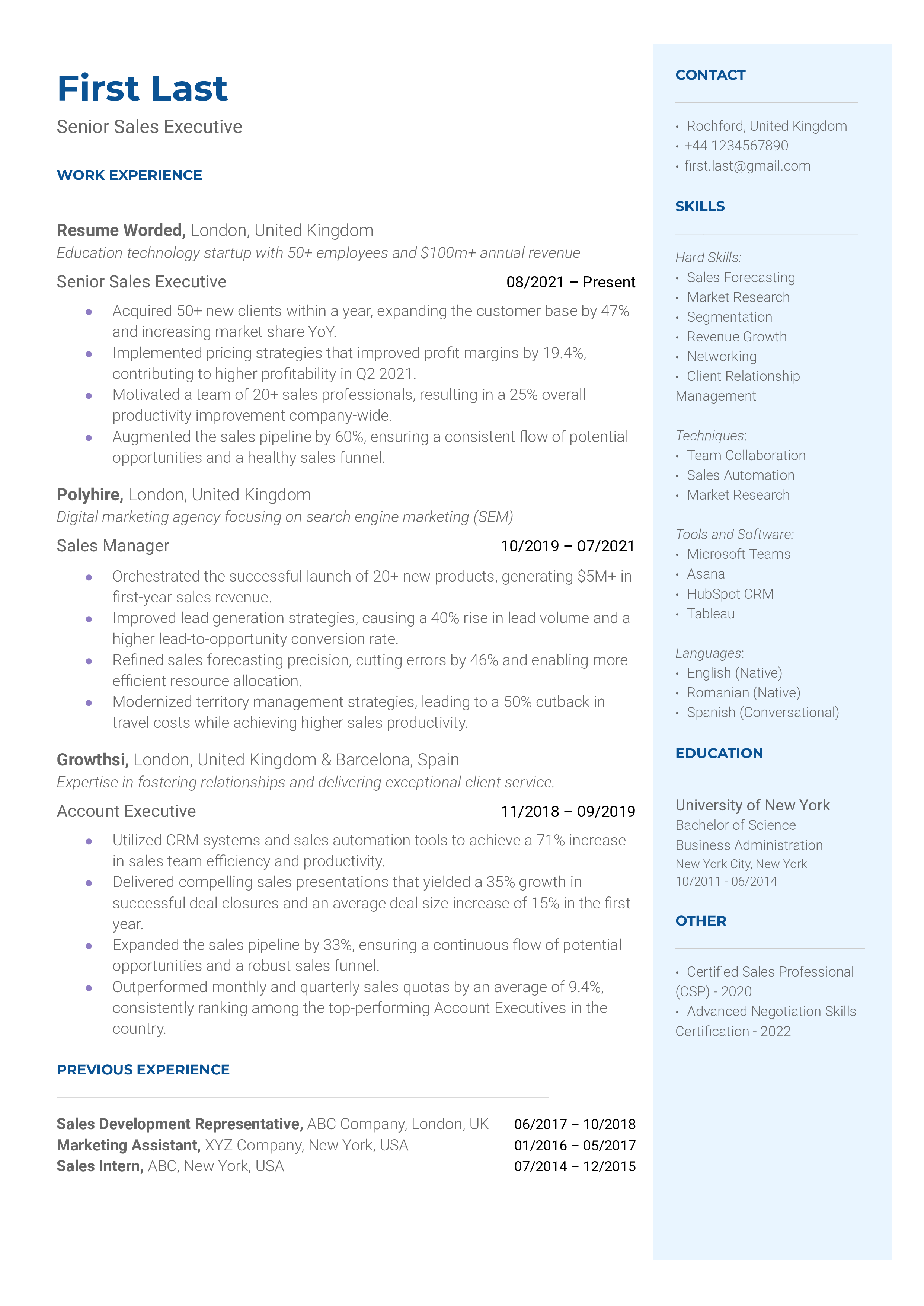 Senior Sales Executive Resume Sample