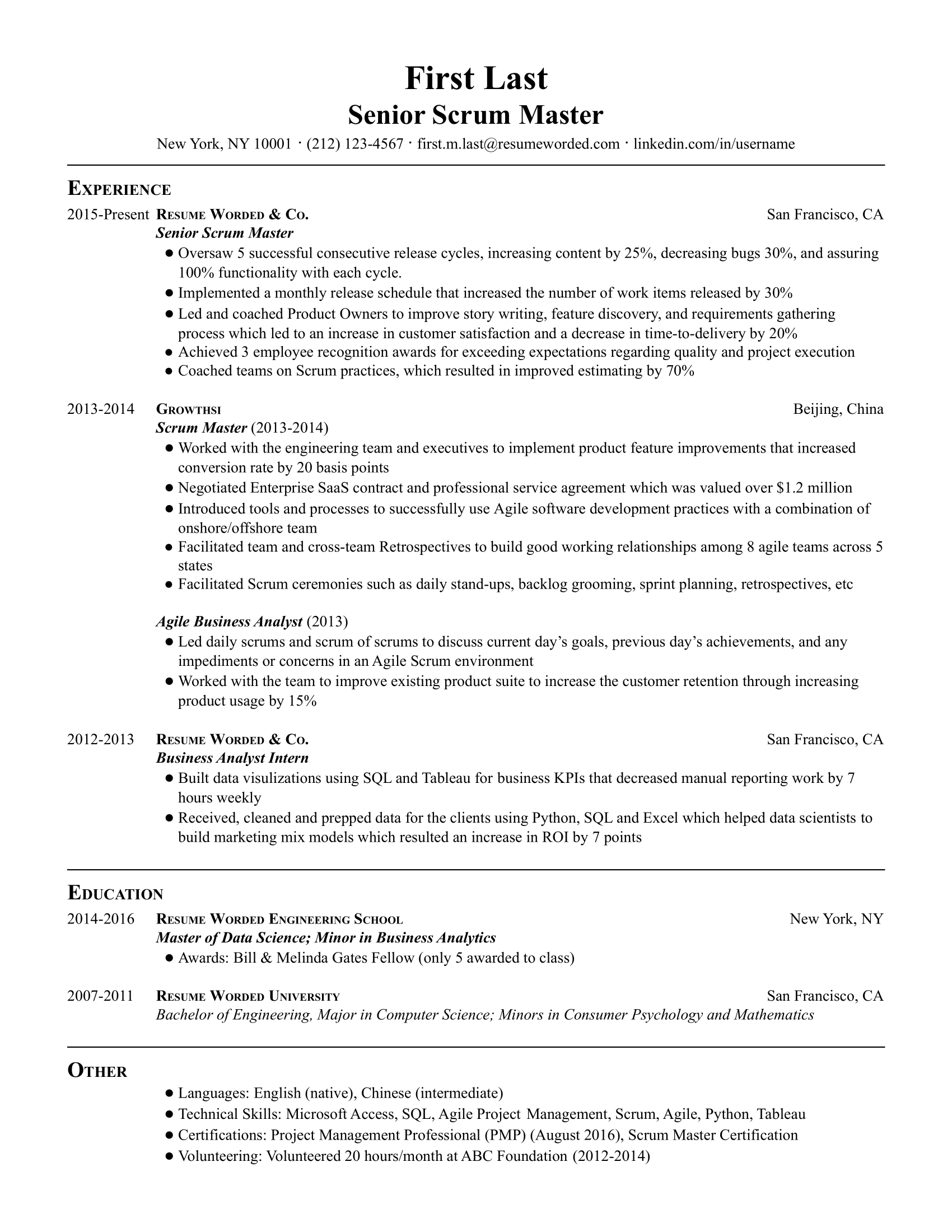 entry level scrum master resume summary