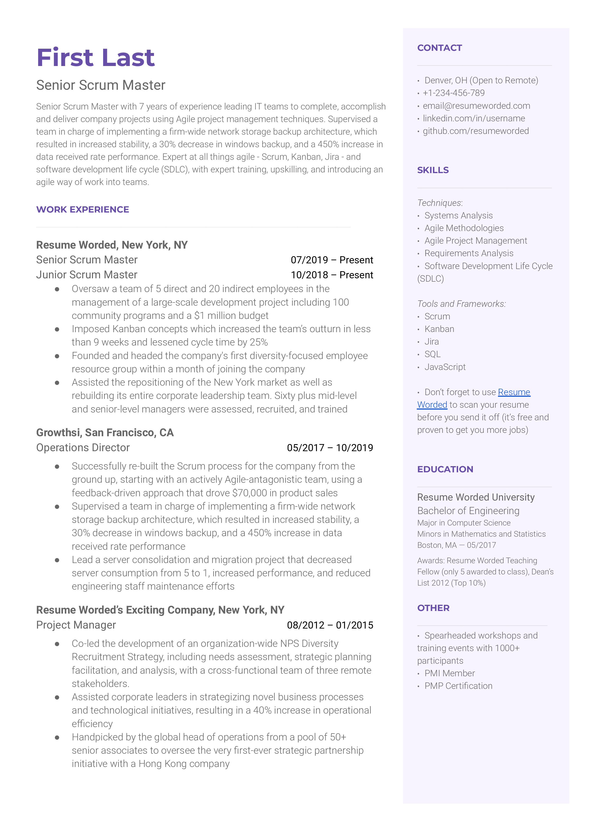 A senior scrum master resume with examples of longevity and promotion, bullet points with measurable achievements, and education to supplement the experience. 