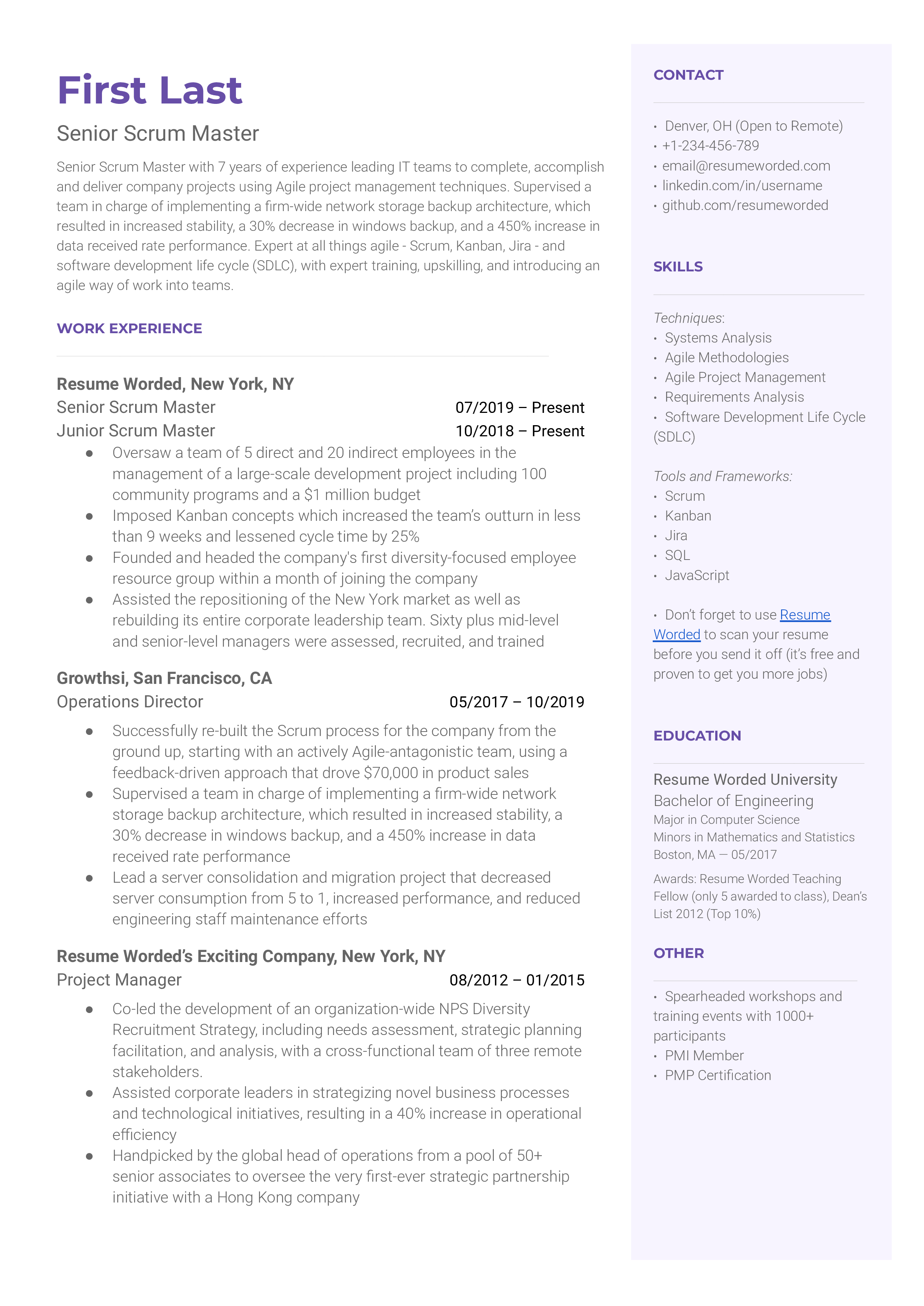 A CV screenshot emphasizing Agile project outcomes and Scrum Master's coaching and mentoring roles.