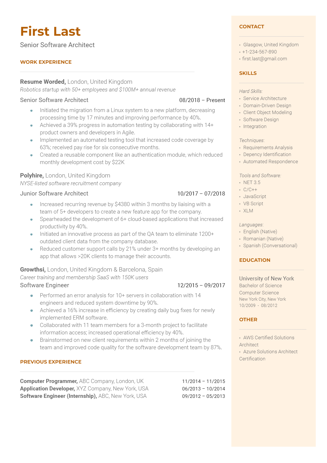 A senior software architect resume template that uses strong action verbs.