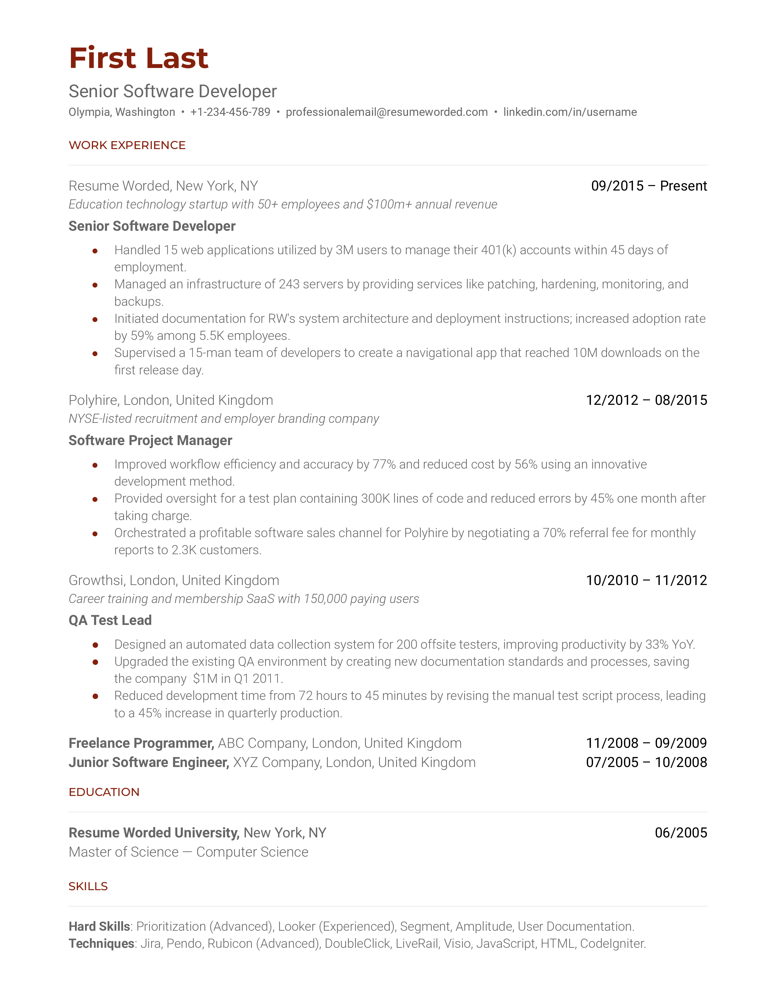 A senior software developer resume example that uses bullet points and strong action verbs