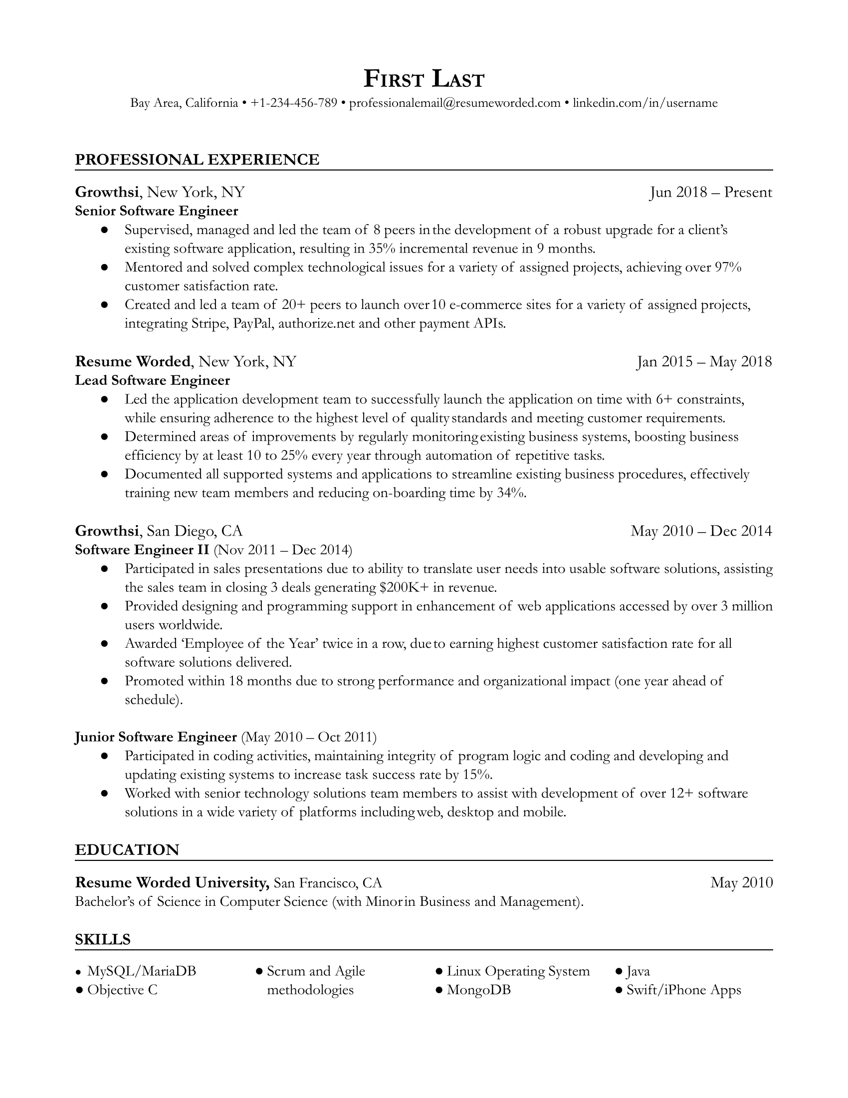 A resume for a senior software engineer with a degree in computer science and prior experience as a software engineer II.