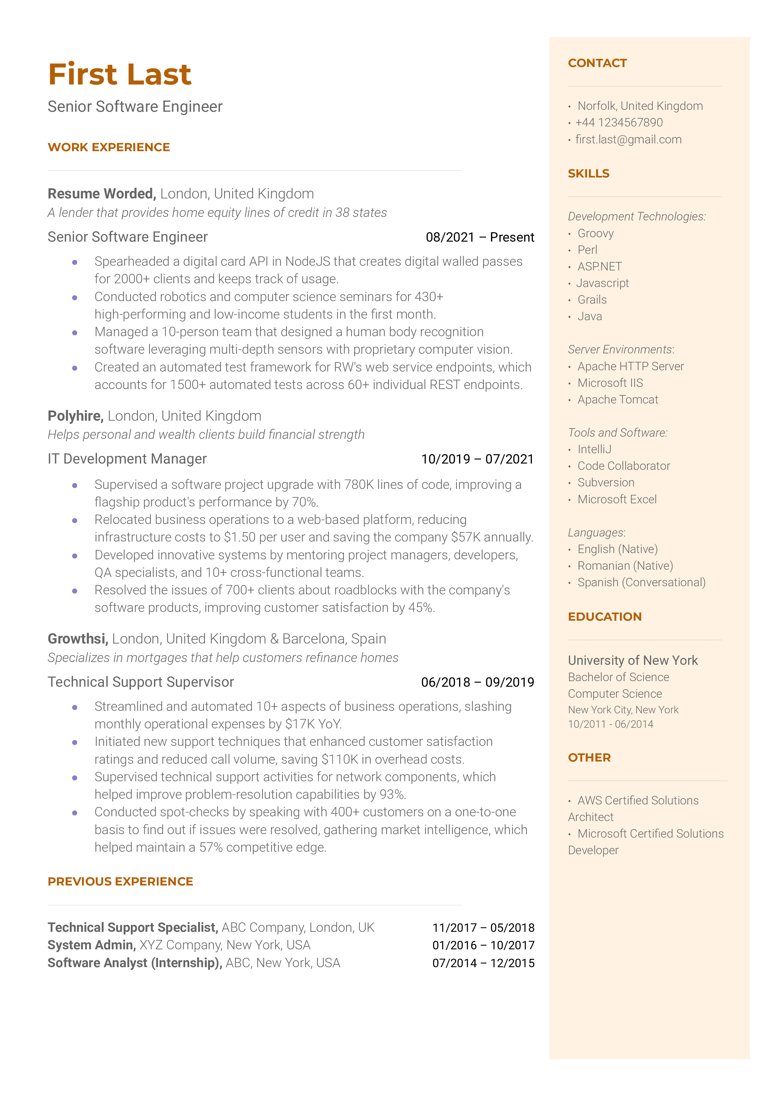 A resume for a senior software engineer with a degree in computer science and prior experience as a software engineer II.