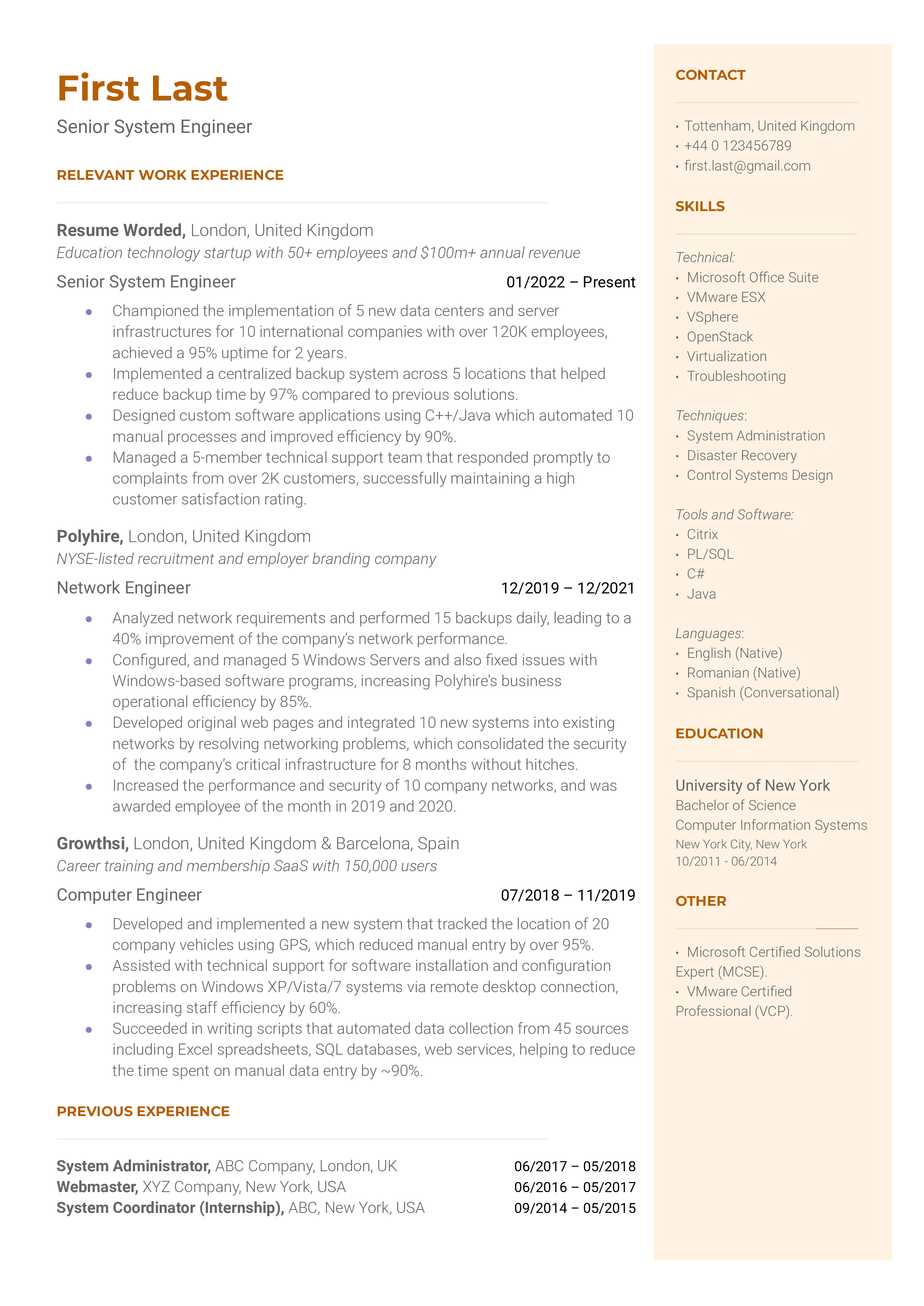 A well-structured CV of a Senior System Engineer showcasing project management skills and proficiency in emerging technologies.