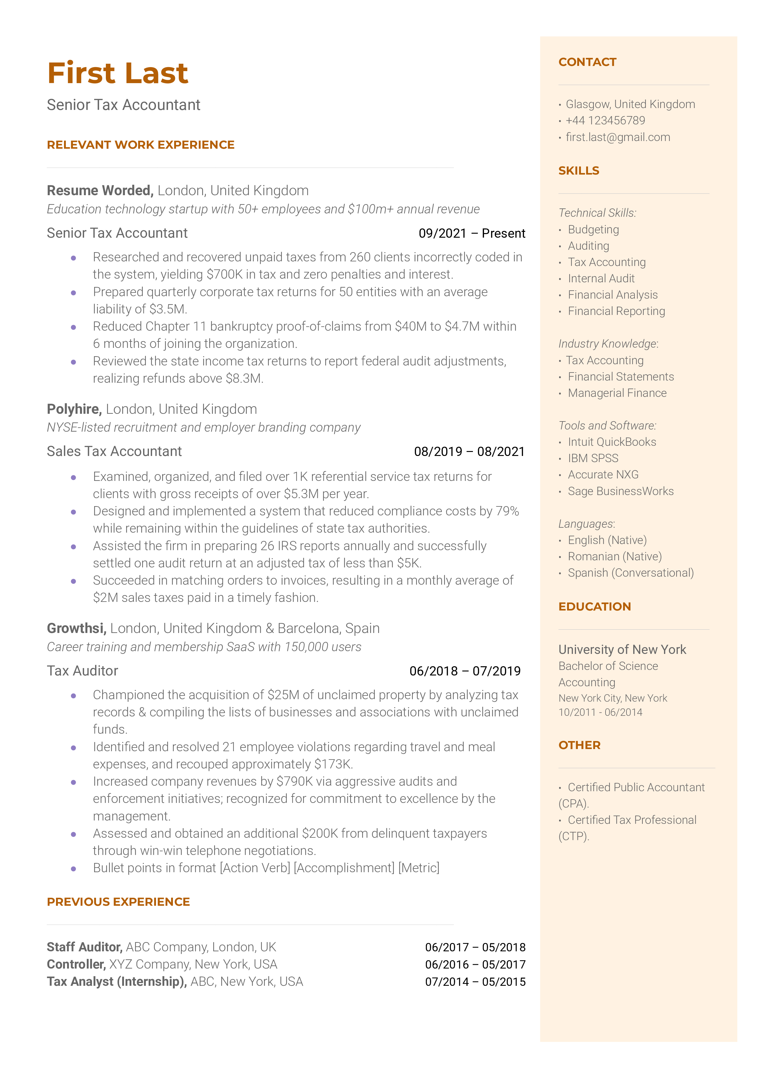 Professional resume outlining experience and skills for a Senior Tax Accountant role.