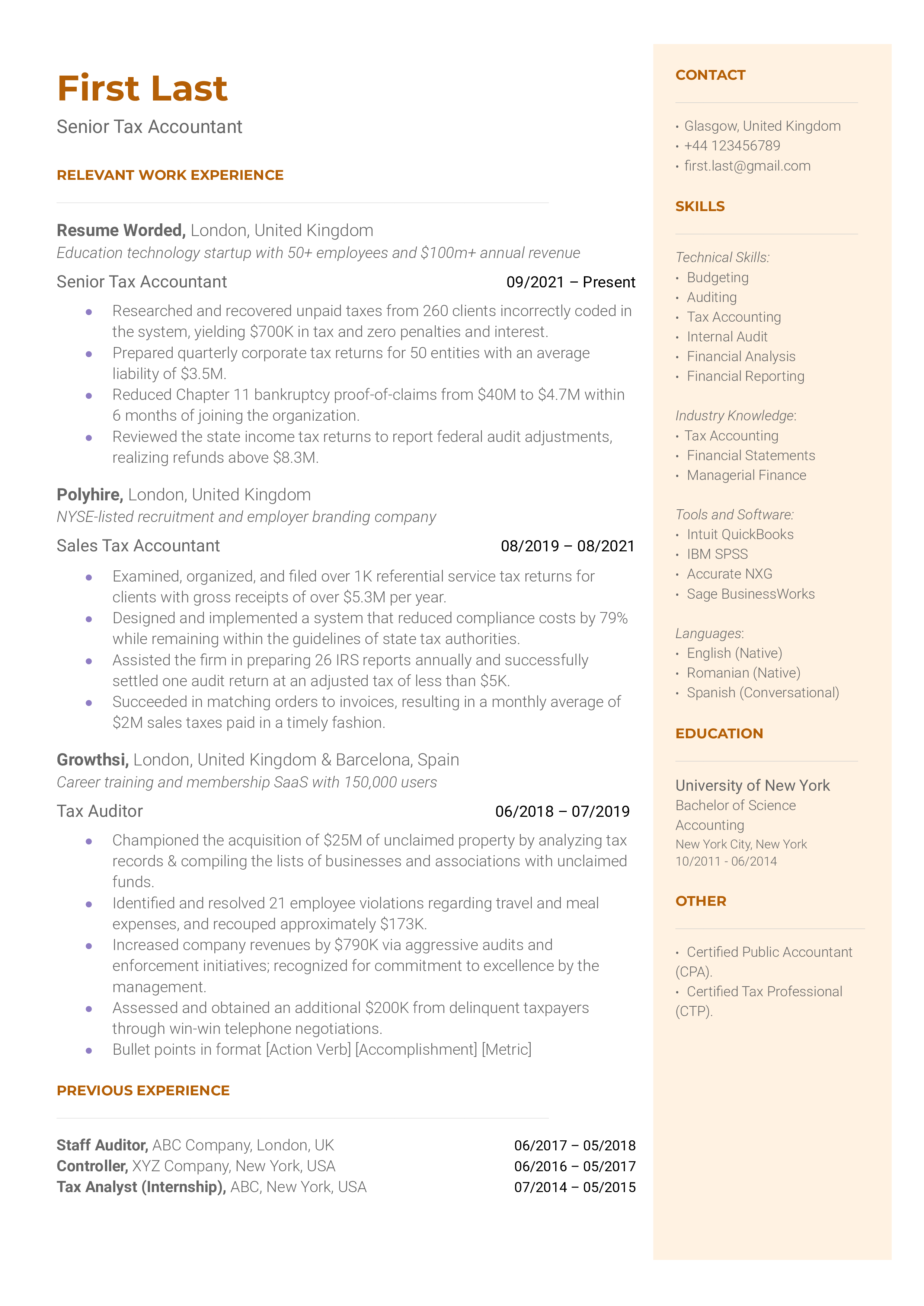 A senior tax accountant resume sample that highlights the applicant’s certifications and lengthy experience.