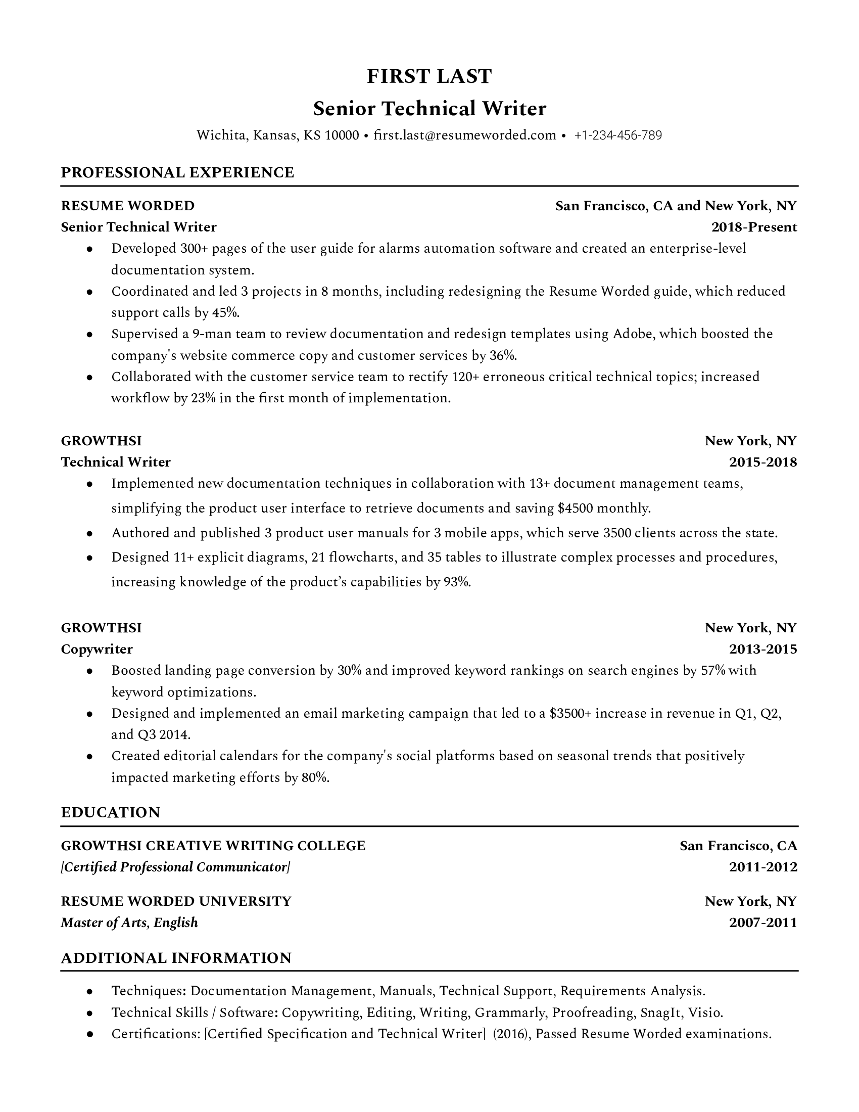 A senior technical writer resume sample that highlights the applicant’s career progression and quantifiable experience.