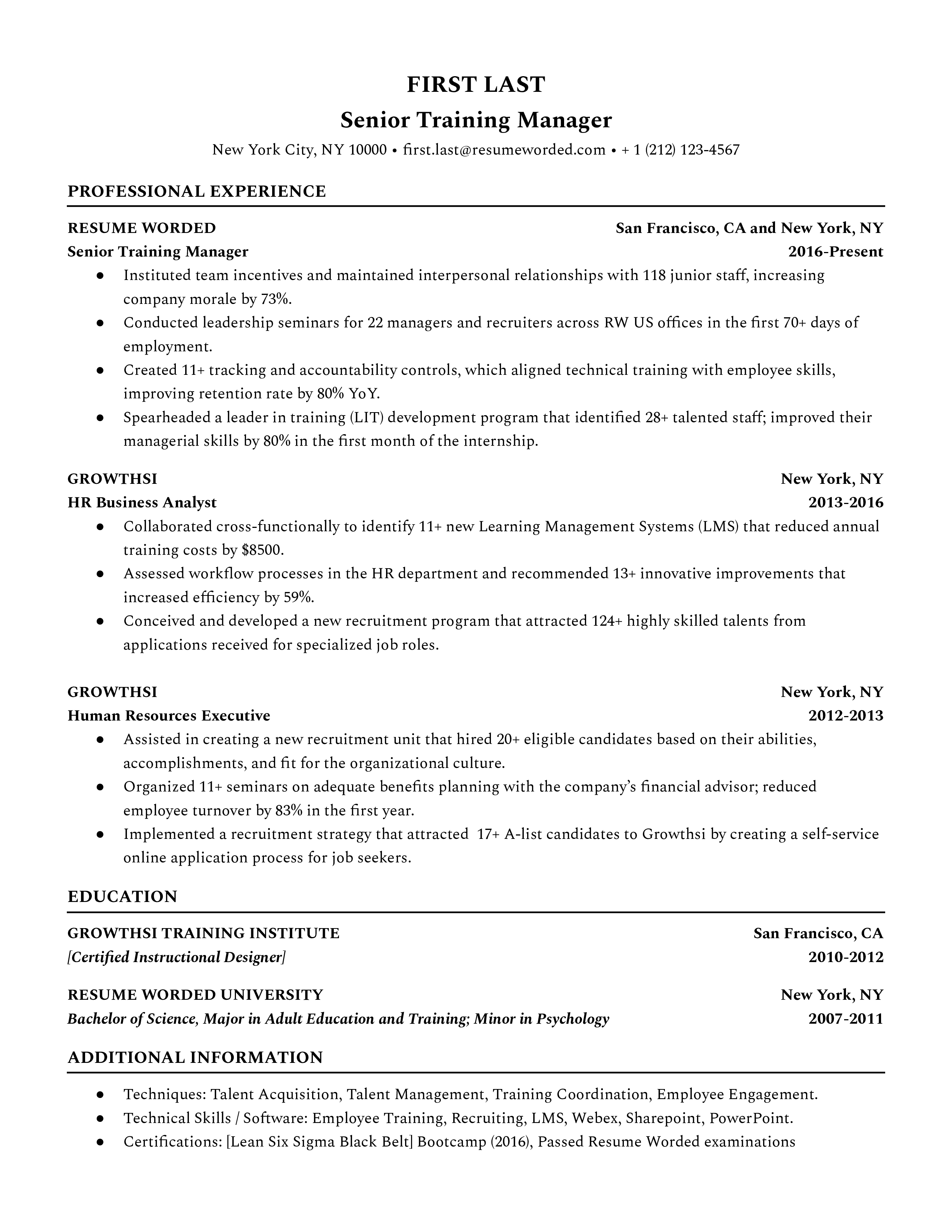 A senior training manager resume template that highlights their educational background.