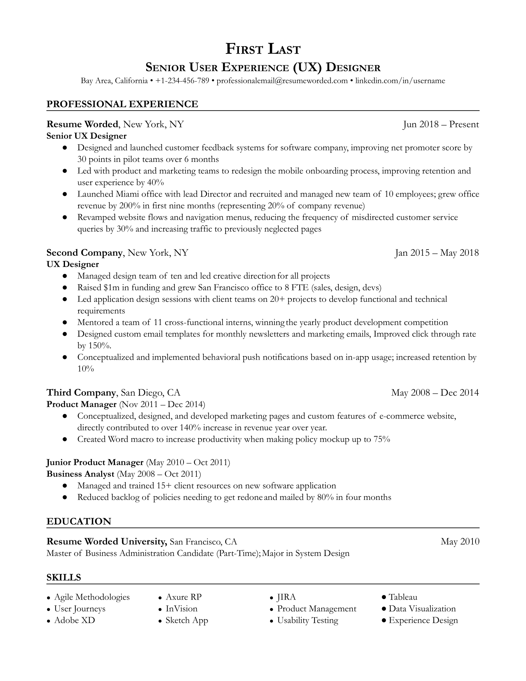 Resume example for a senior UX designer showcasing professional growth and leadership