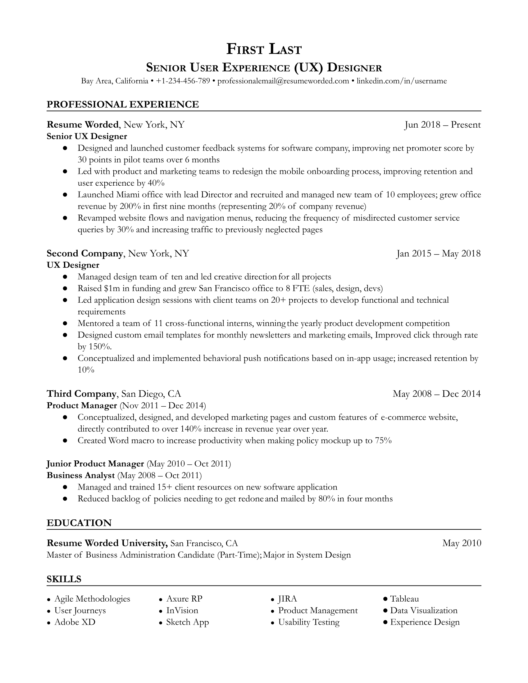 Senior UX Designer resume screenshot