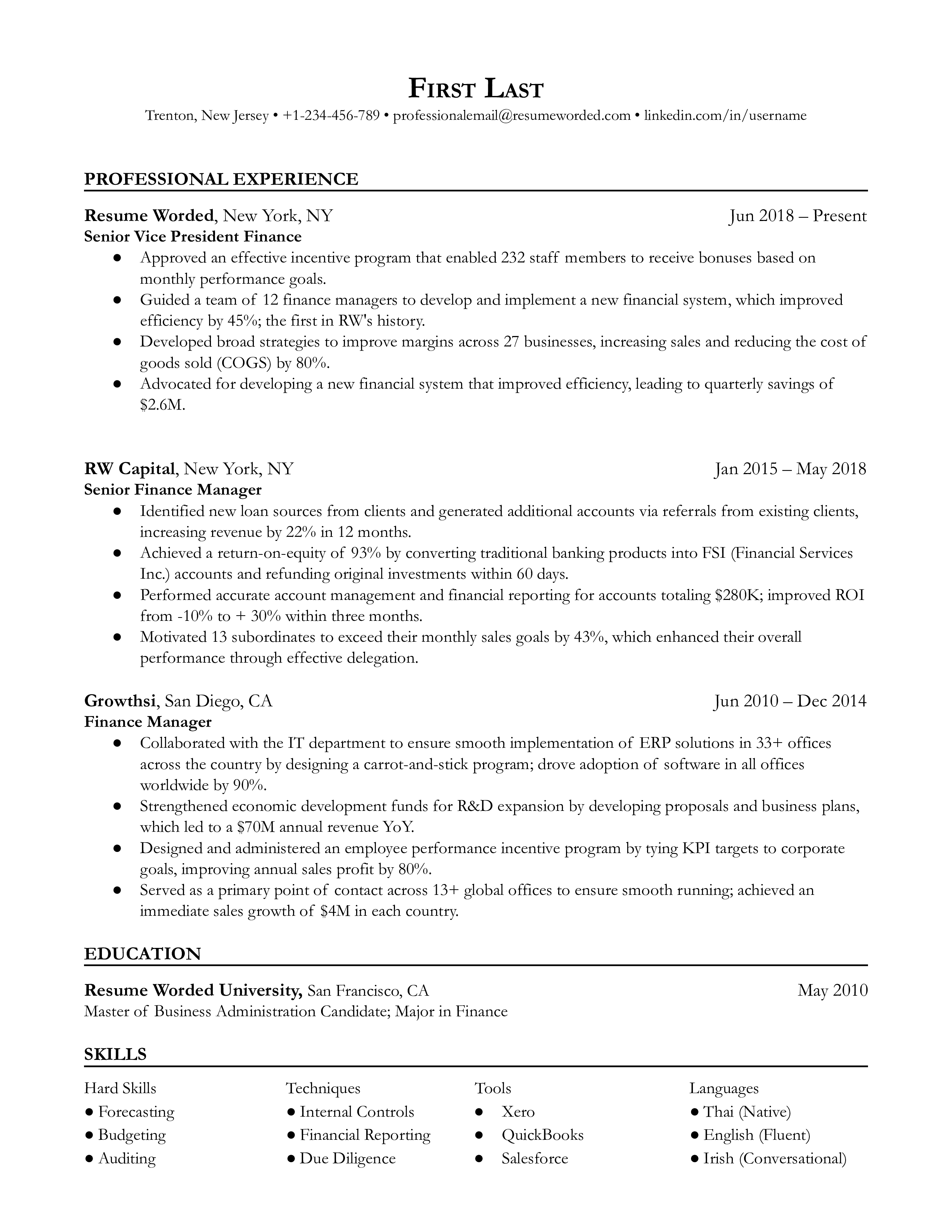 A senior vice president of finance resume sample that highlights the applicant’s executive experience and quantifiable success.