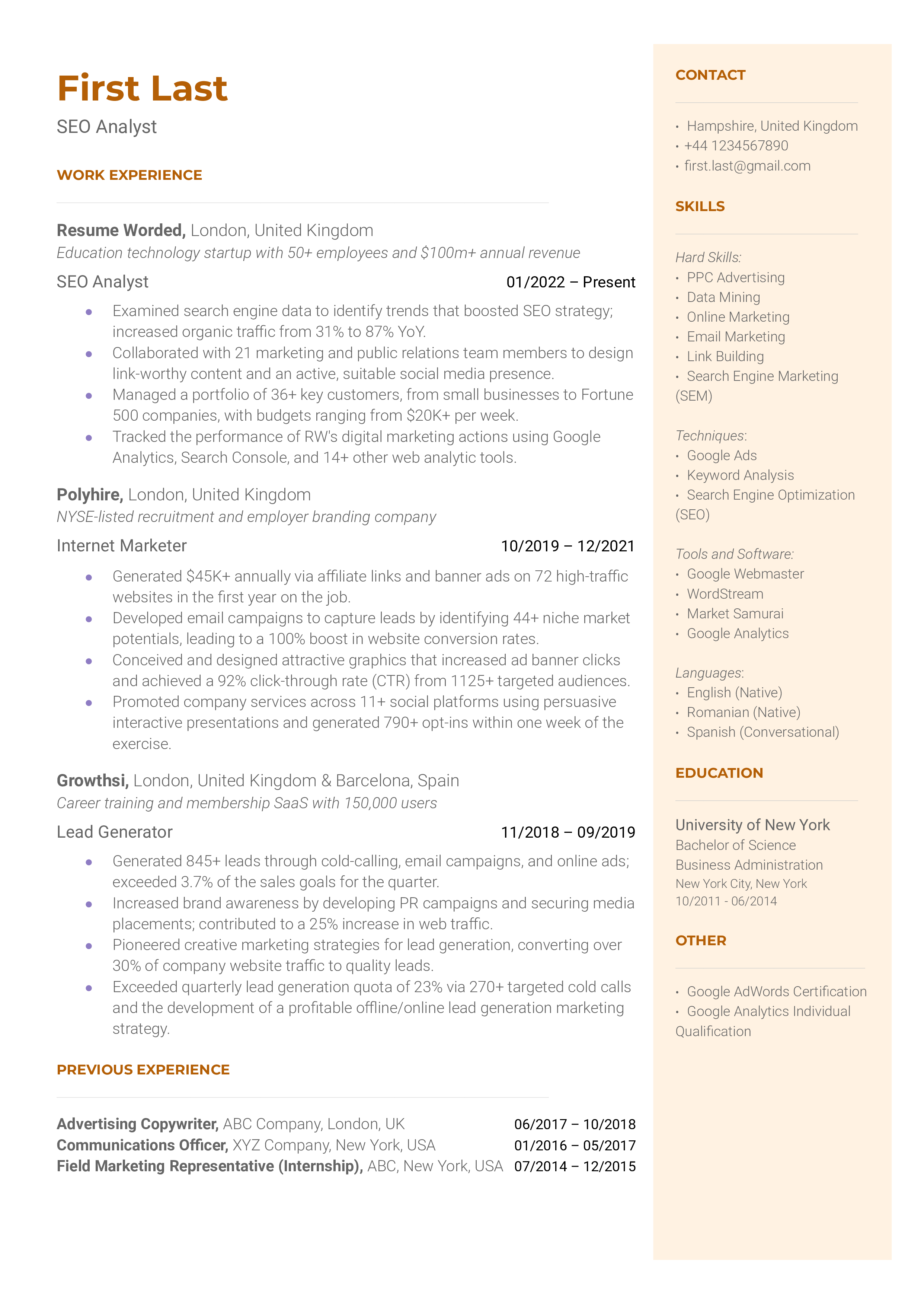 A well-organized CV for an SEO Analyst highlighting relevant skills, tools and quantified achievements.