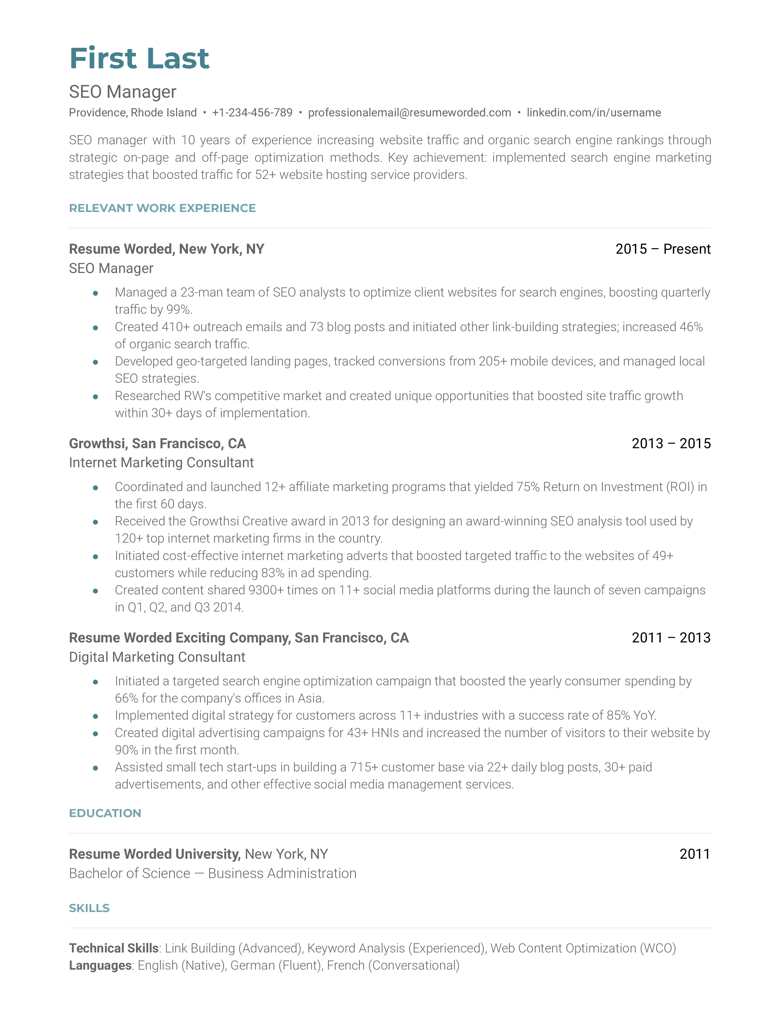 A well-structured CV for an SEO Manager displaying proficiency in algorithms and keyword optimization.