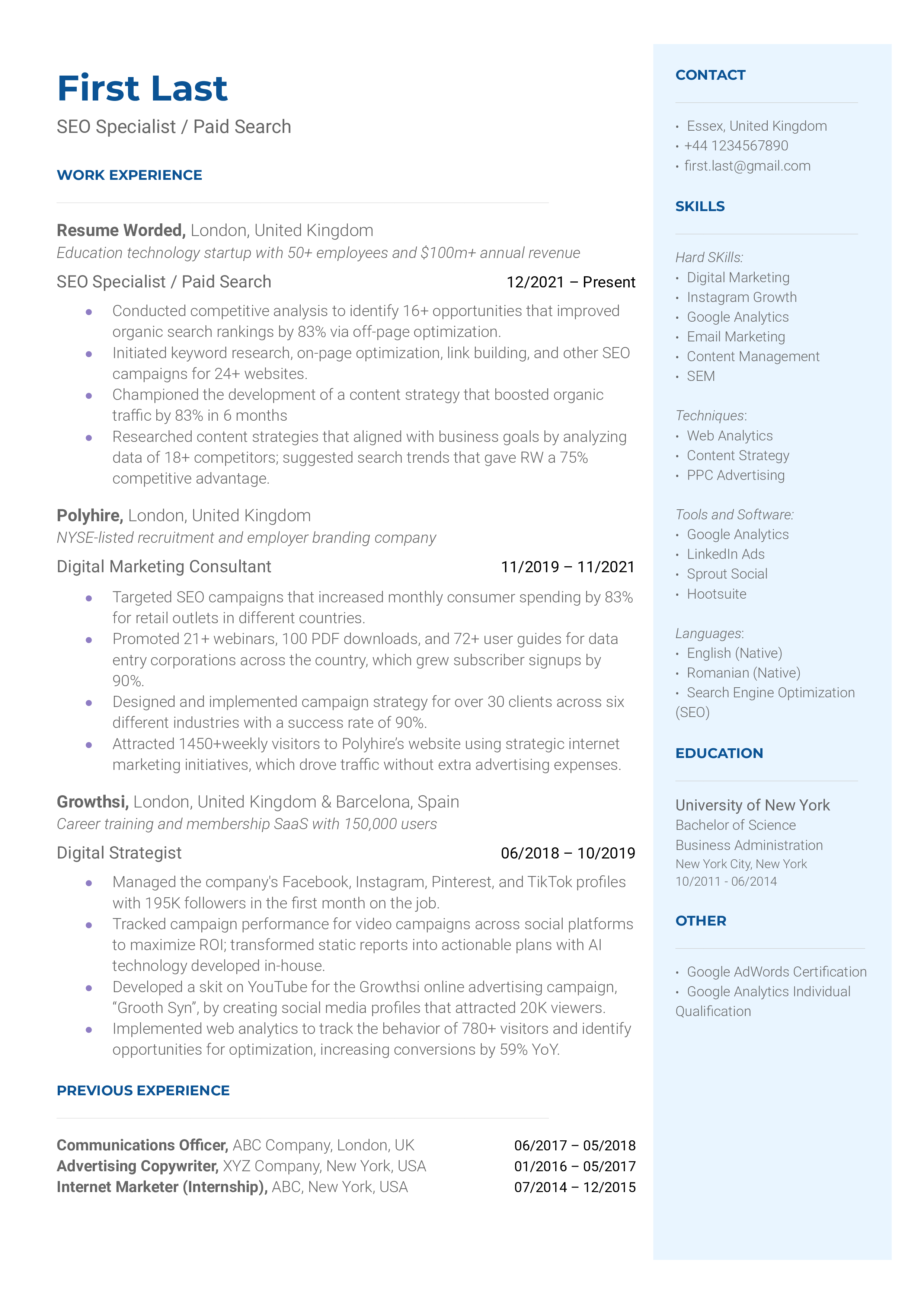 Seo Resume Template