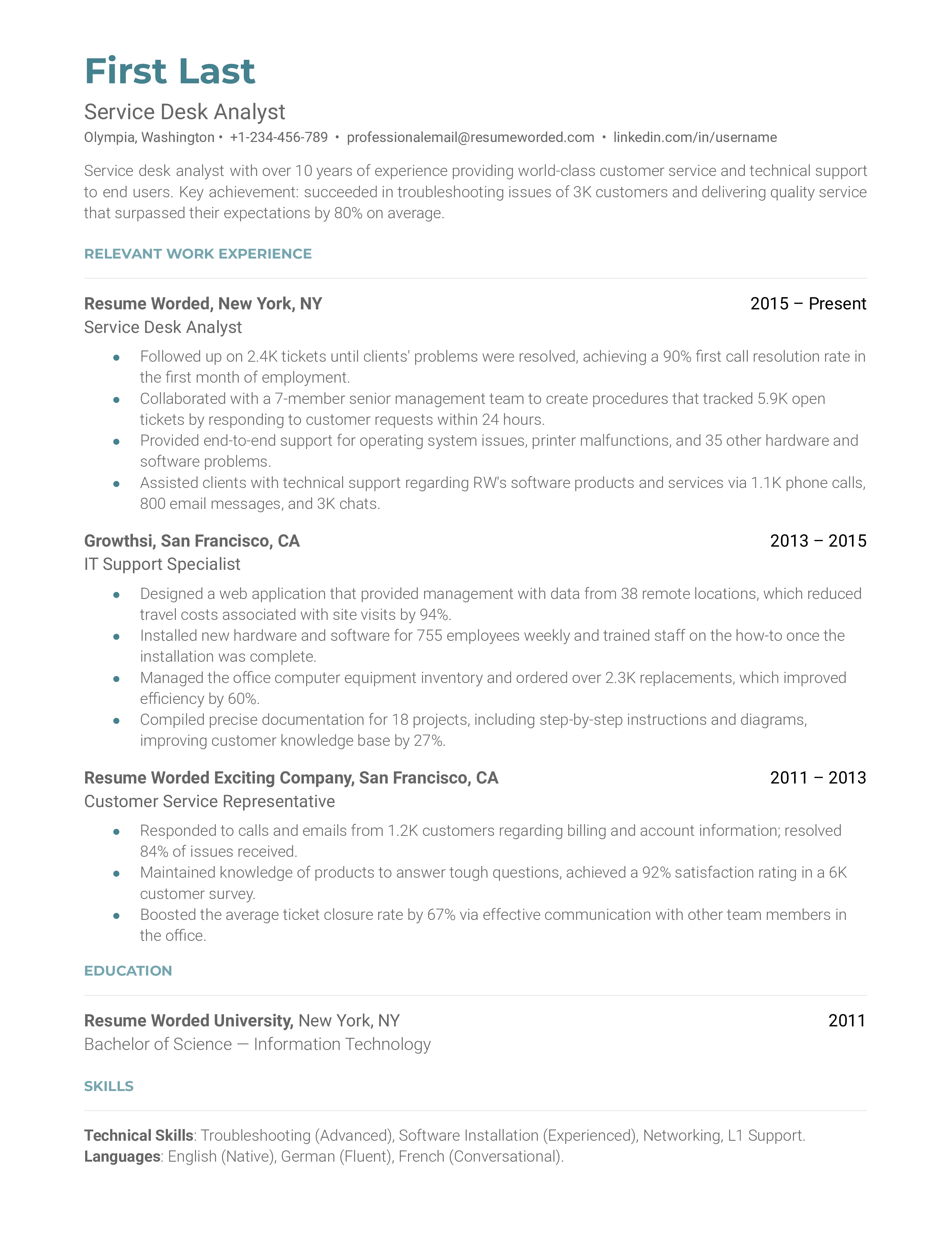 A service desk analyst resume template including a brief description and relevant work experience
