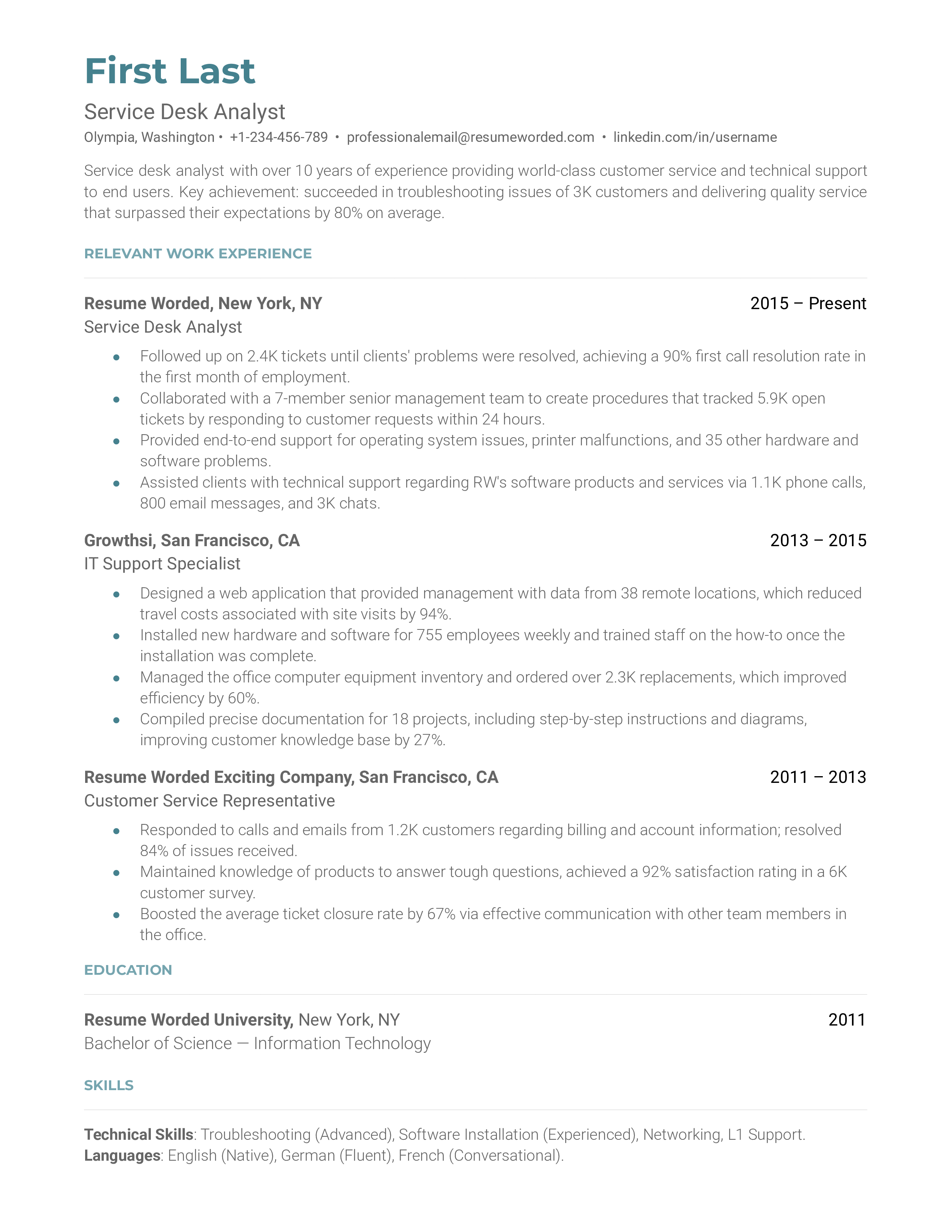 service desk level 1 resume