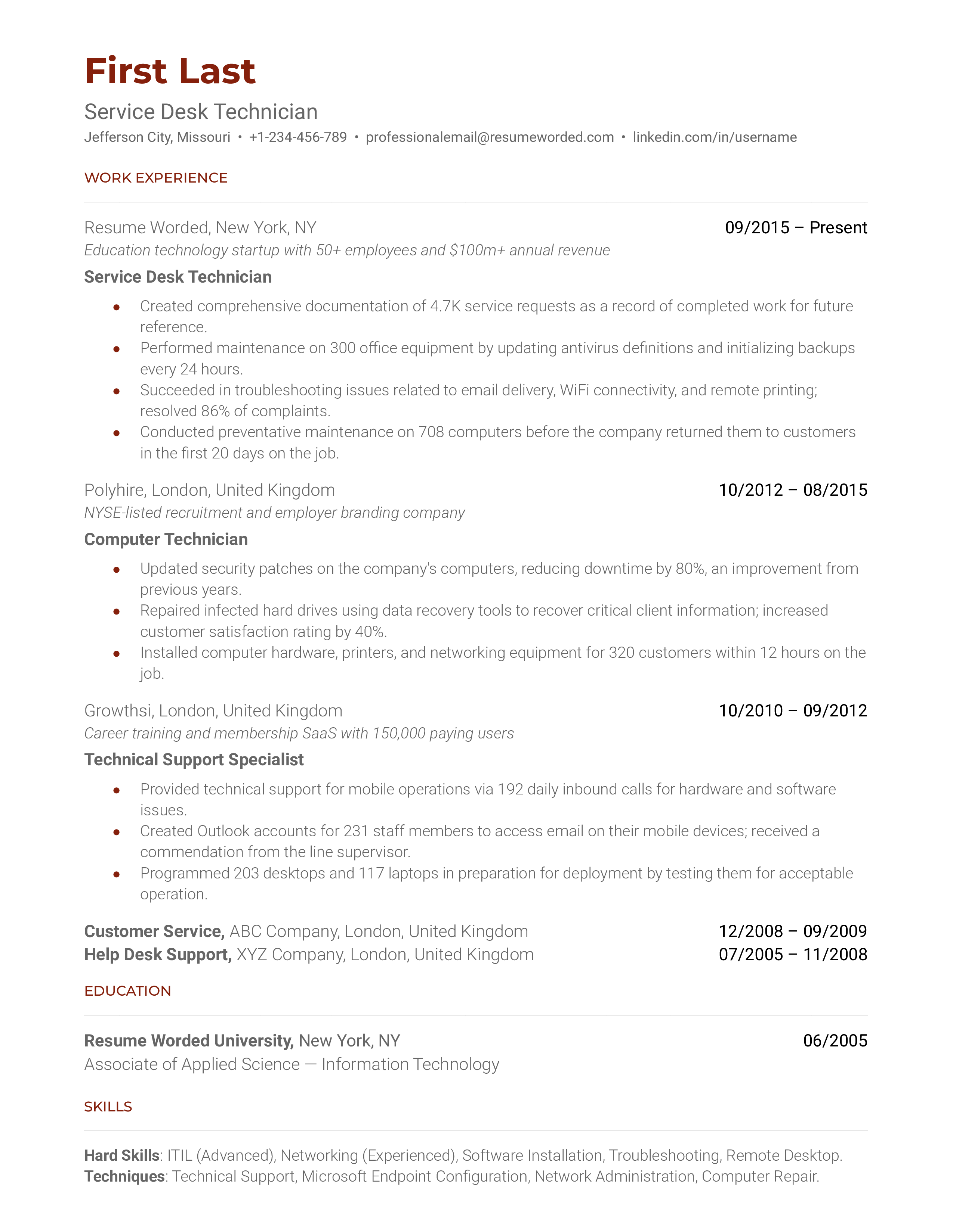 Service Desk Technician Resume Sample