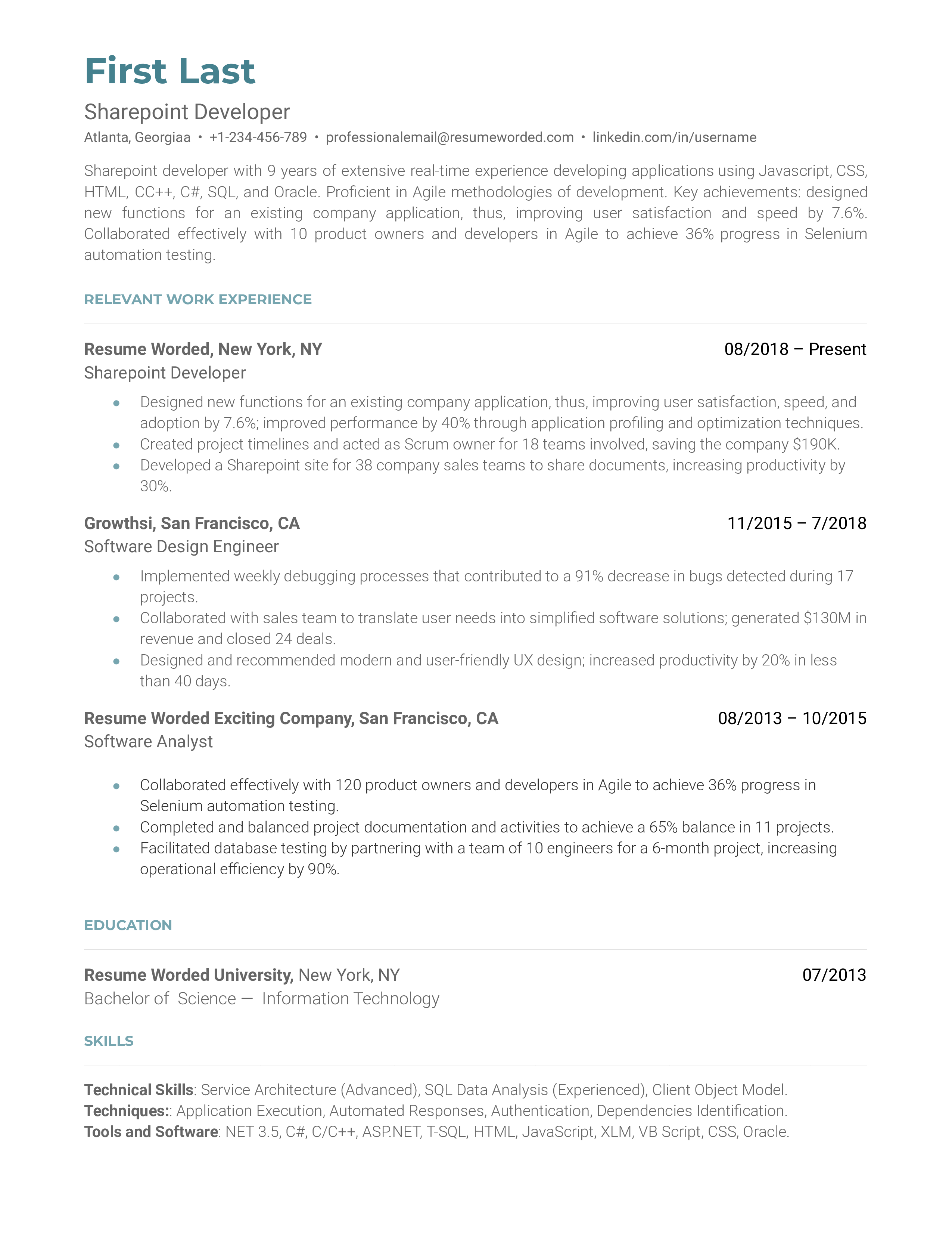 A SharePoint developer resume example that includes a brief description and relevant work experience