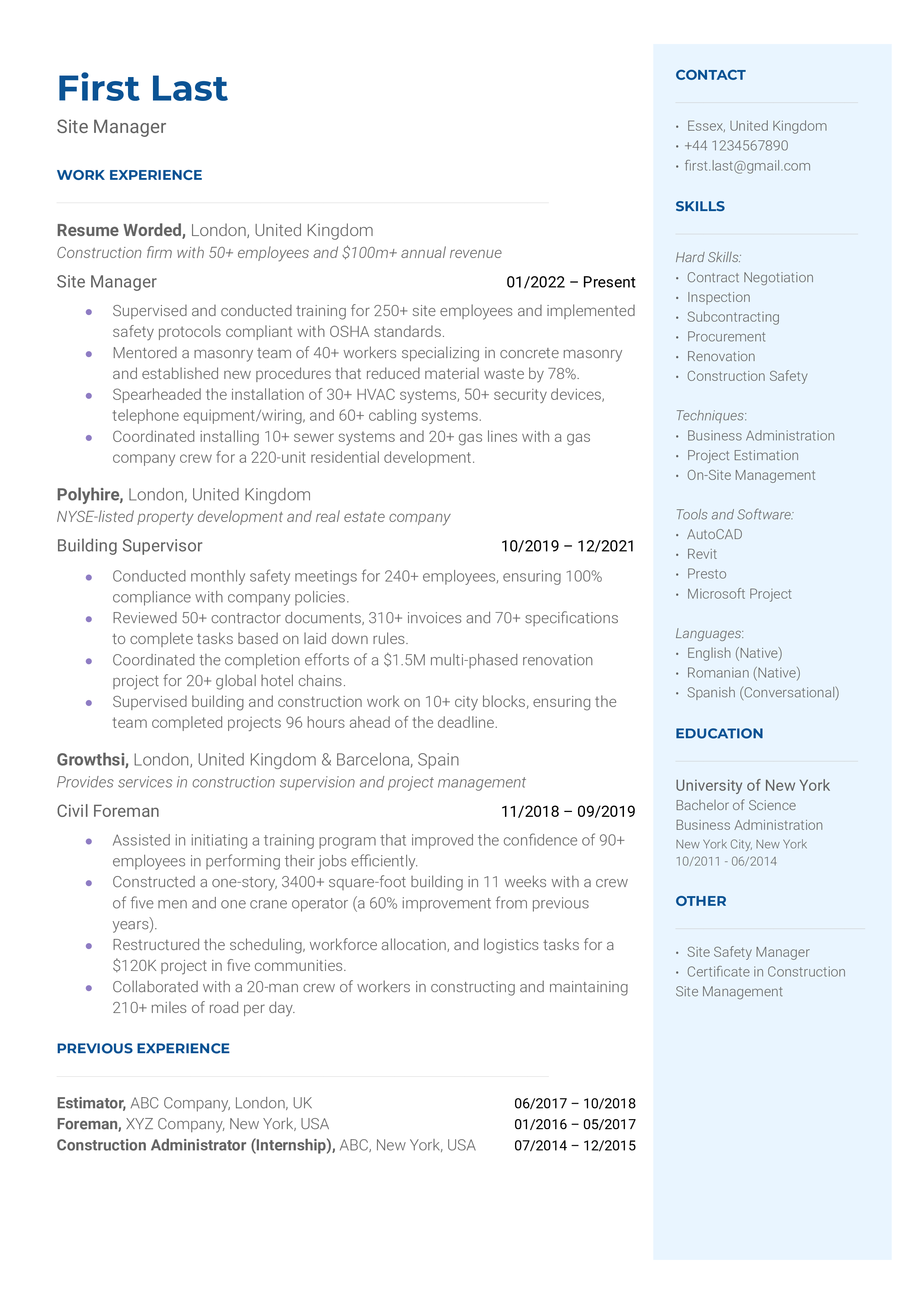 Site Manager Resume Sample